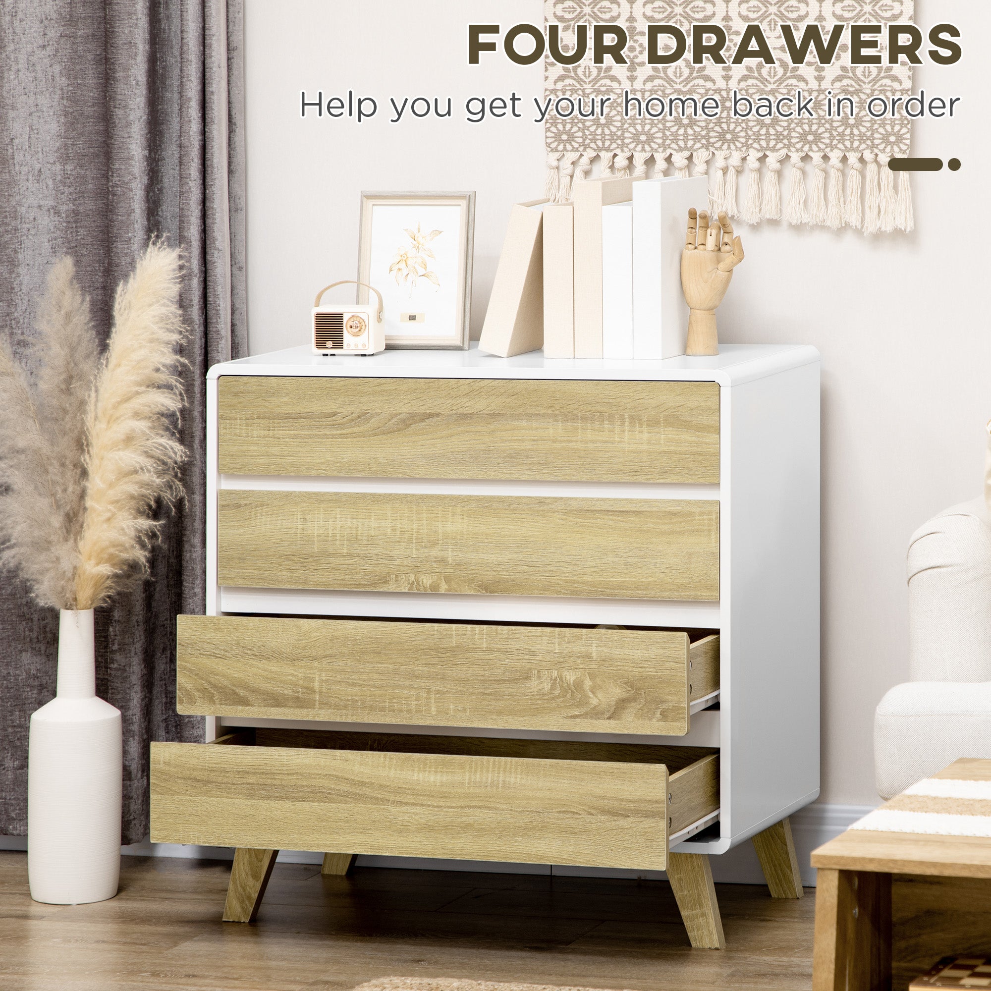HOMCOM Chest of Four Drawers - Wood-Effect/White - North Peak Garden Furniture