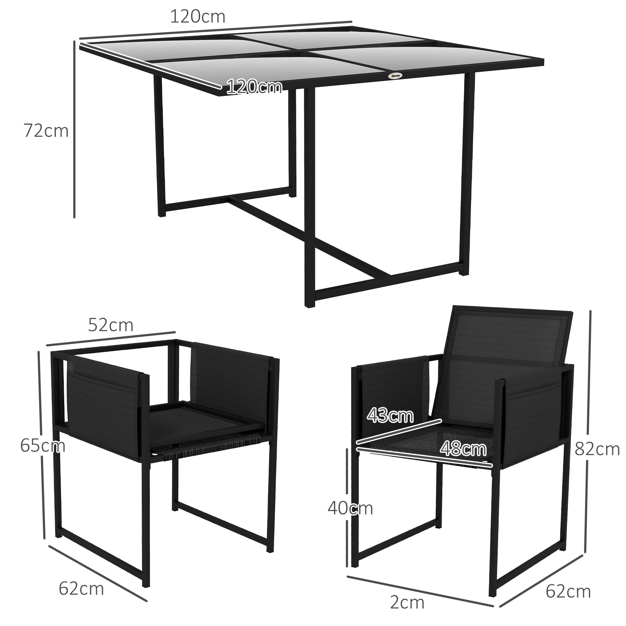 Outsunny 5 Piece Garden Dining Set with Breathable Mesh Seat, Adjustable Backrest, Tempered Glass Table Top for Patio, Black - North Peak Garden Furniture