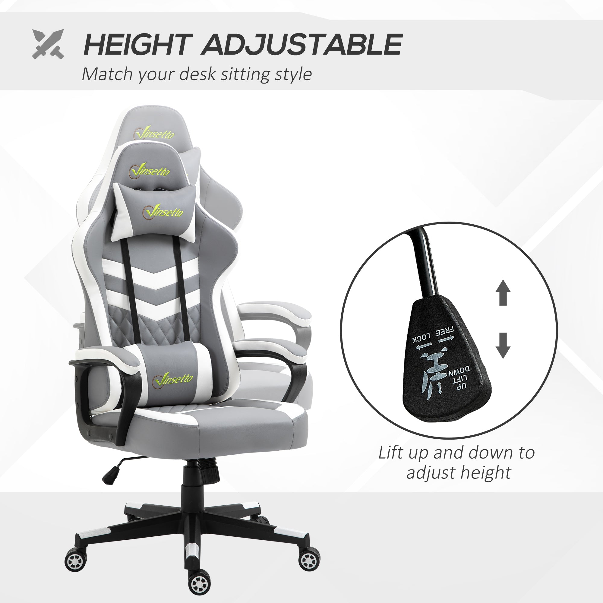 Vinsetto Gaming Chair, Computer Desk Chair with Lumbar Support, Faux Leather Racing Chair with Headrest and Swivel Wheels for Home Office, Grey White - North Peak Garden Furniture
