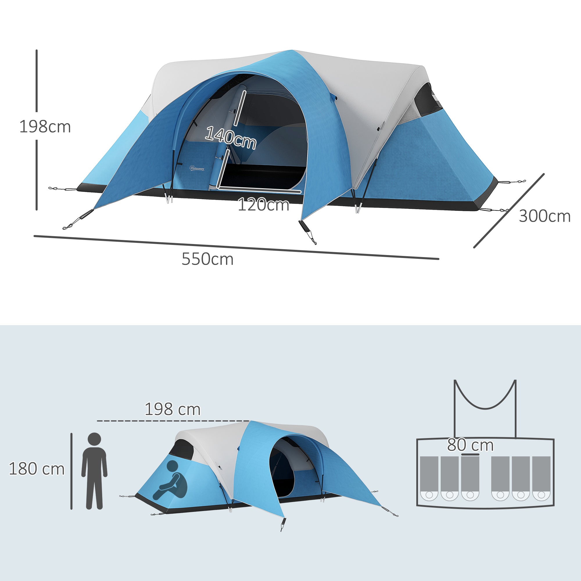 Outsunny 3000mm Waterproof Camping Tent for 5-6 Man, Family Tent with Porch and Sewn in Groundsheet, Portable with Bag, Blue - North Peak Garden Furniture