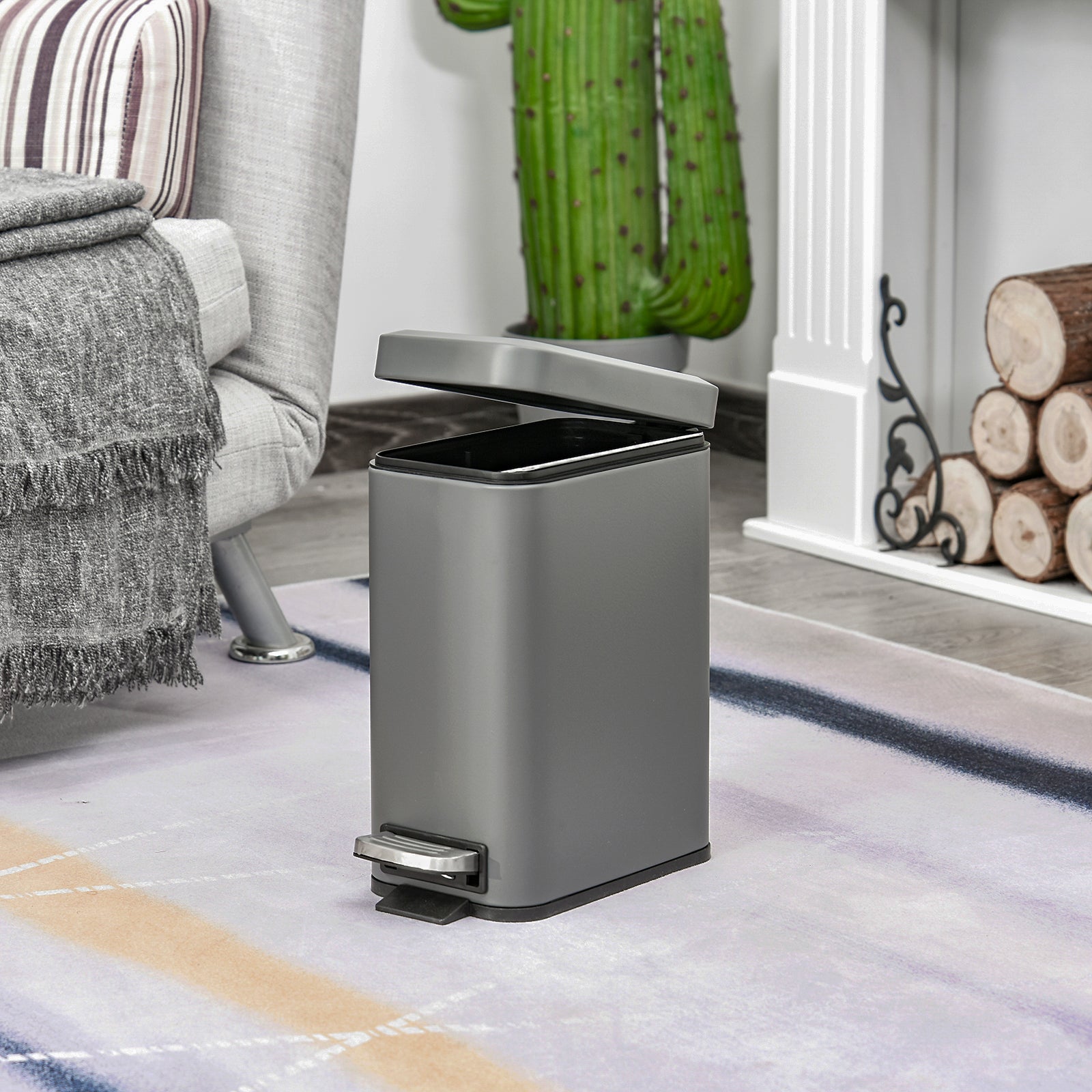 HOMCOM 5L Rectangular Compact Bin Steel Body Removable Bucket Quiet-Close Lid w/ Pedal Lid Rubbish Trash Can Home Office Bedroom Bathroom Living Room Garbage Tidy Clean Grey - North Peak Garden Furniture