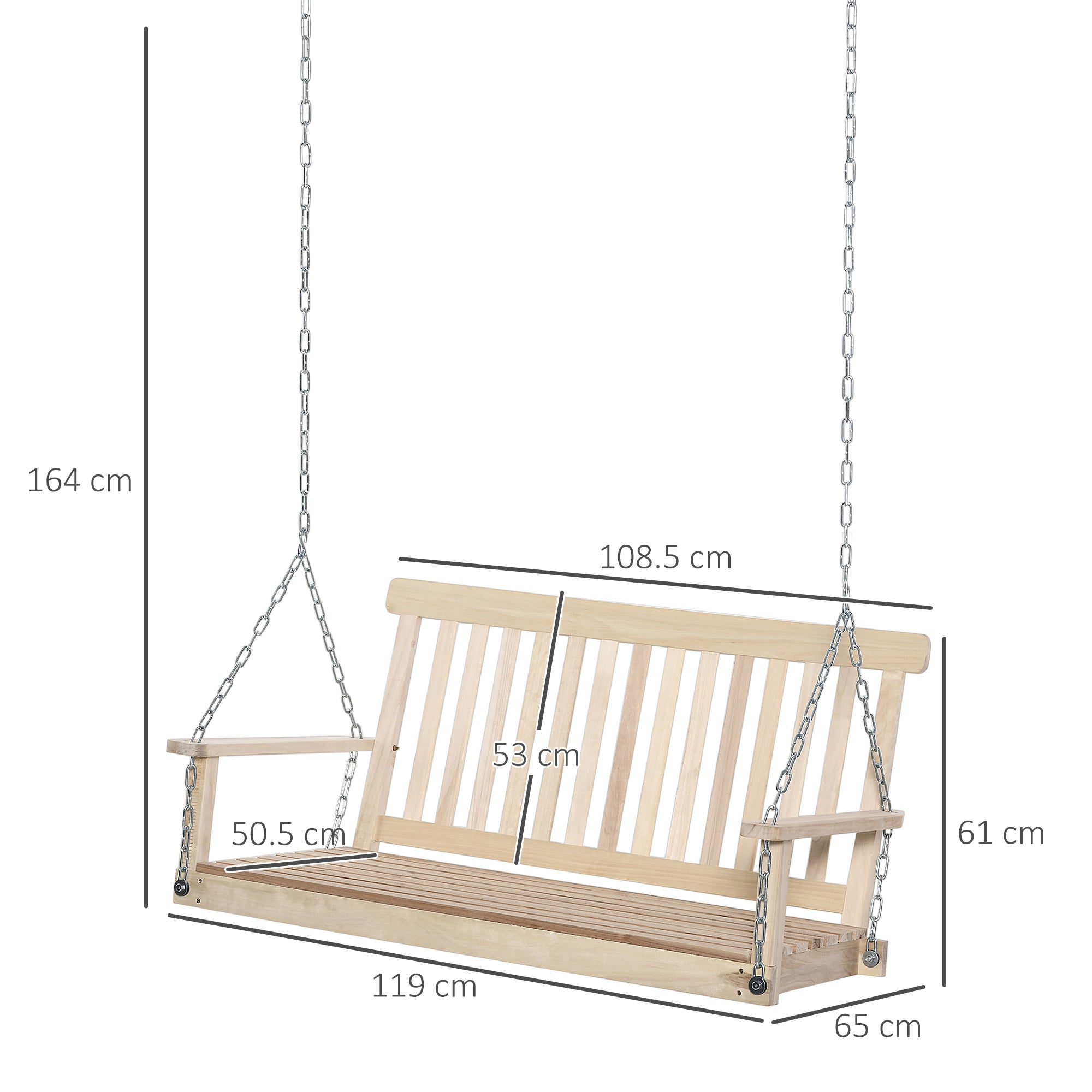 Outsunny Outdoor Wooden Swing Bench 2-Seater Porch Swing Chair Hanging Hammock Garden Furniture, Natural - North Peak Garden Furniture