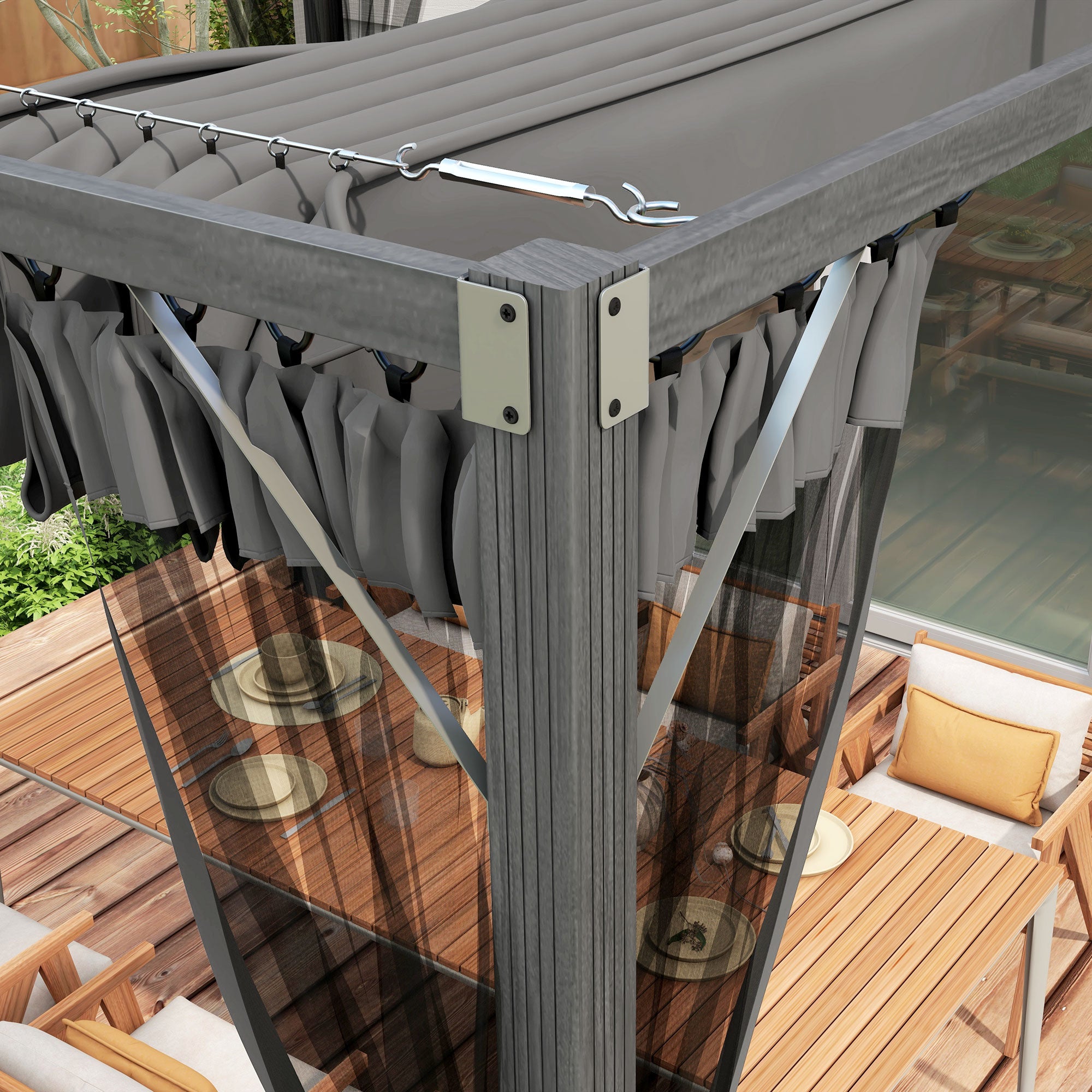 Outsunny 3 x 3m Aluminium Frame Pergola, with Retractable Roof - Dark Grey - North Peak Garden Furniture