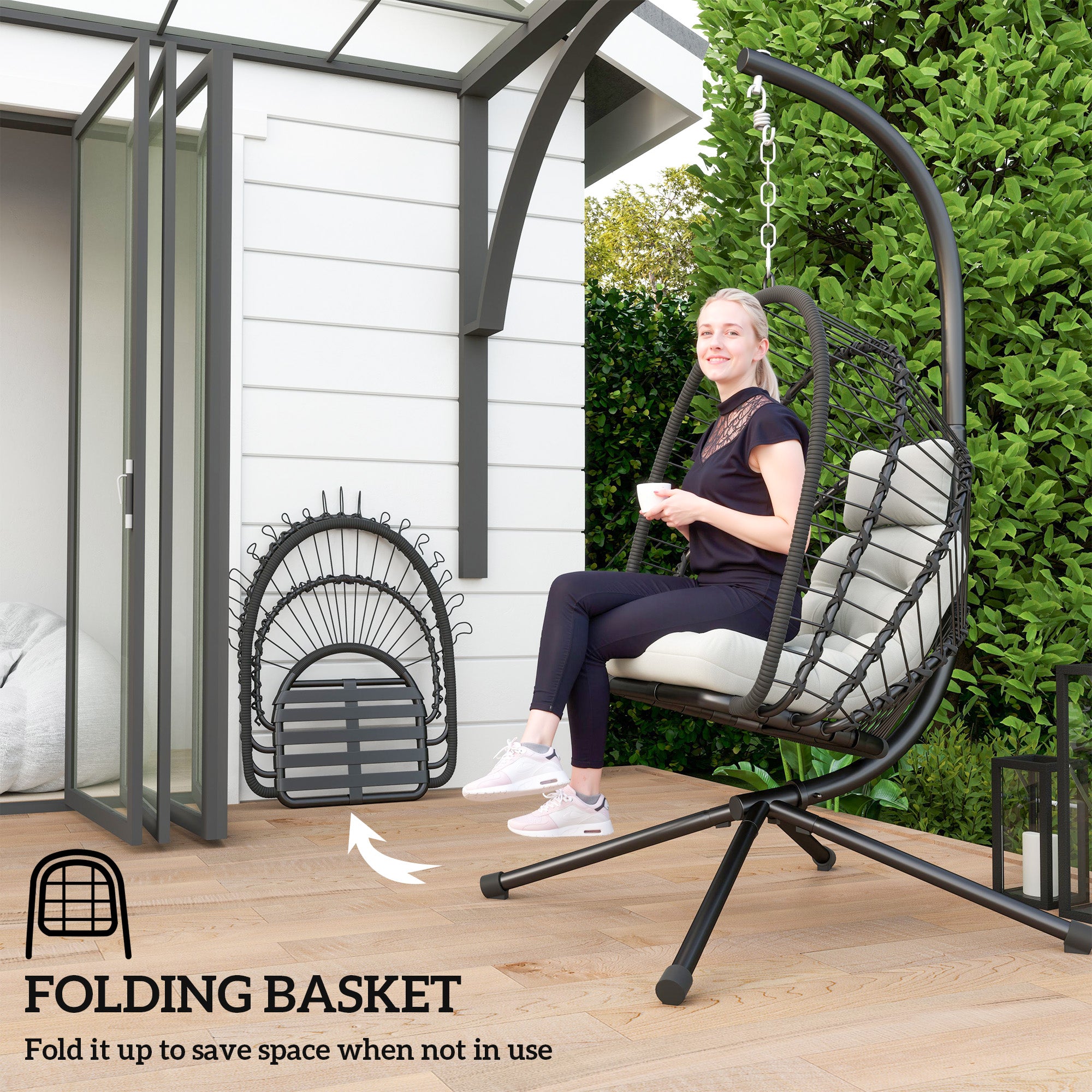 Outsunny Outdoor PE Rattan Swing Chair with Cushion, Garden Foldable Basket Patio Hanging Egg Chair with Metal Stand, Headrest, for Indoor and Outdoor, Black