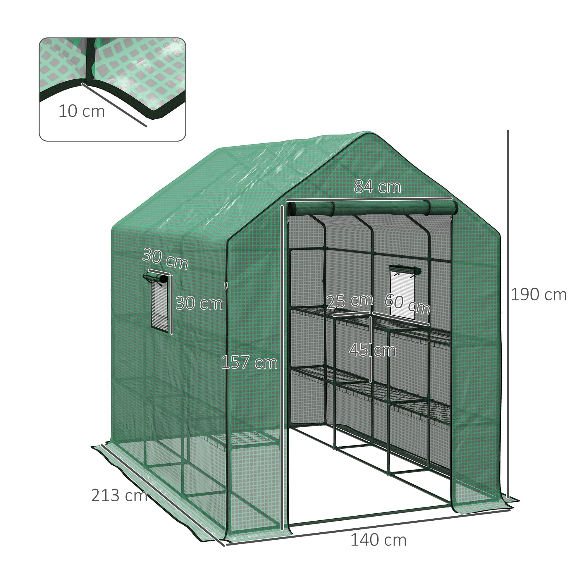 Outsunny Greenhouse Oasis: Walk-In PE Cover with 3 Tier Shelves, Roll-Up Door & Mesh Windows, 140x213x190cm, Verdant Green | Aosom UK