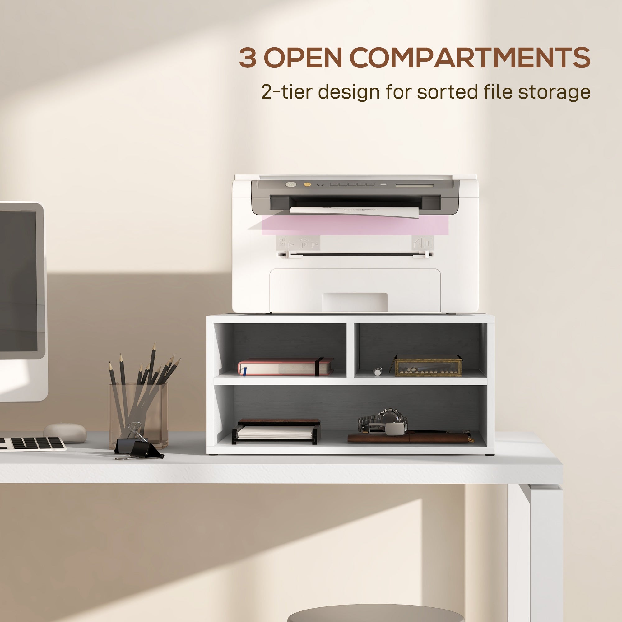 HOMCOM Three-Compartment Printer Storage Cabinet - White - North Peak Garden Furniture