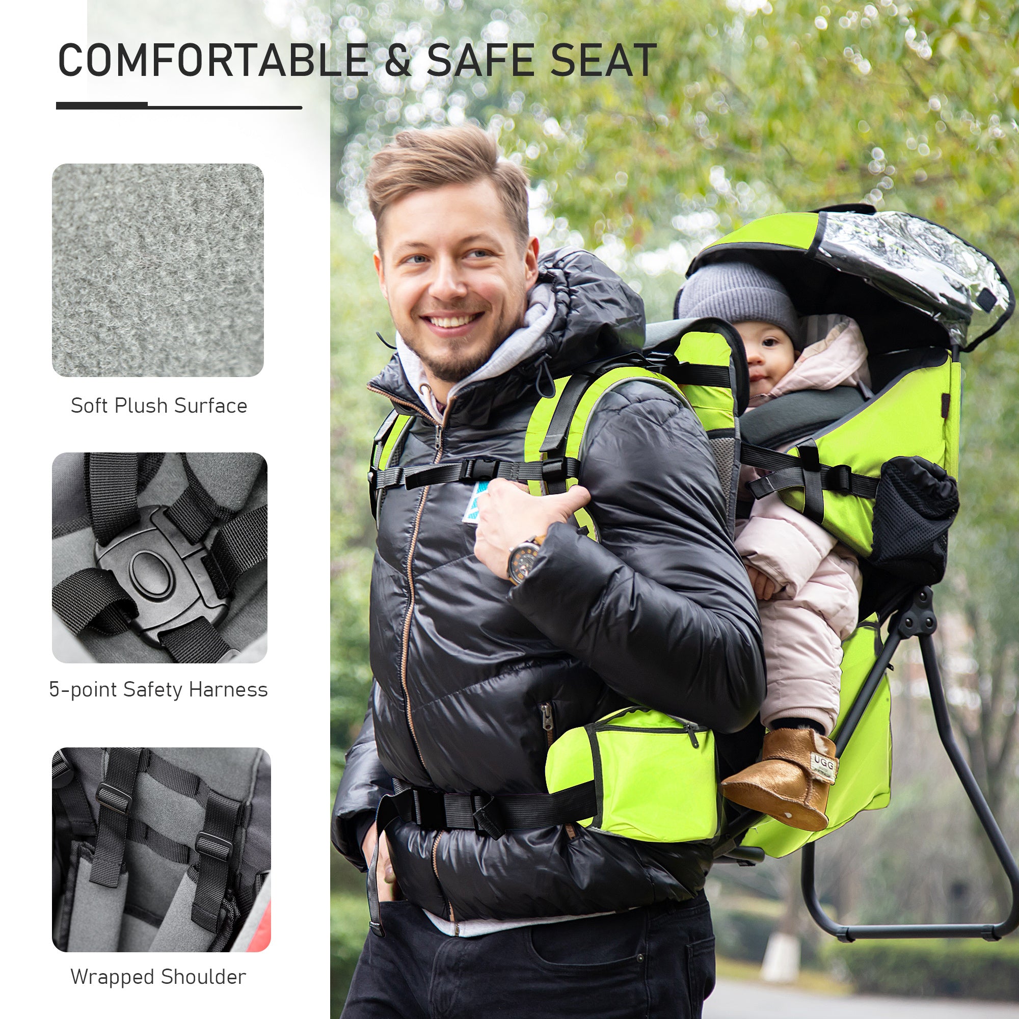 HOMCOM Baby Hiking Backpack Carrier Child Carrier with Ergonomic Hip Seat Detachable Rain Cover Adjustable Straps Stand for Toddler 6 - 36 Months Green - North Peak Garden Furniture