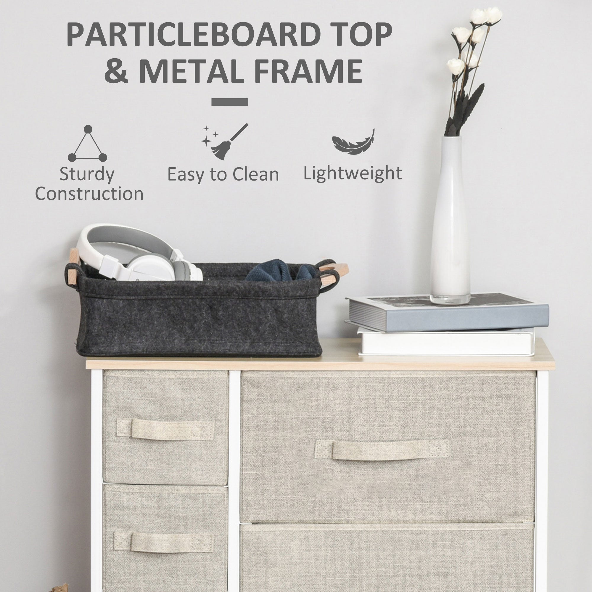 HOMCOM Vertical 7 Linen Drawers Cabinet Organizer Storage Dresser Tower with Metal Frame Adjustable Feet for Living Room, Bathroom, Kitchen, White, Oak and Light Grey - North Peak Garden Furniture