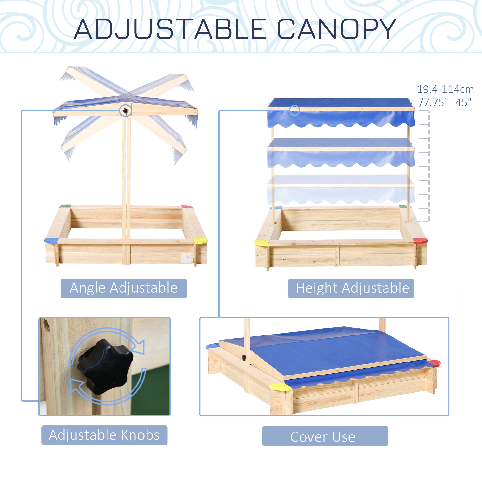 Outsunny Kids Wooden Sand Pit Children Square Sandbox Outdoor Playset Play Station Adjustable Canopy Bench Seat 120x120x120cm - North Peak Garden Furniture
