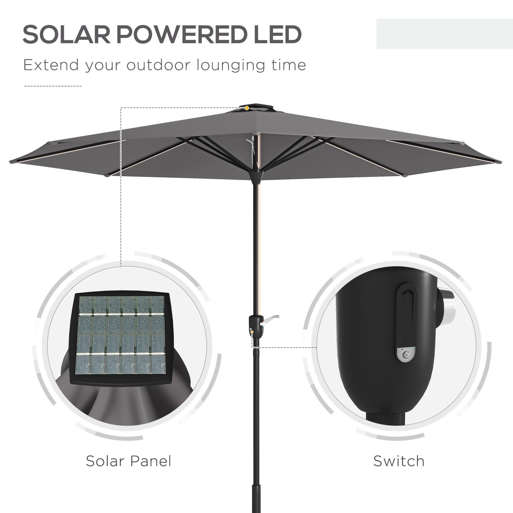 Outsunny 2.65m Garden Parasol, with LED Lights - Dark Grey - North Peak Garden Furniture