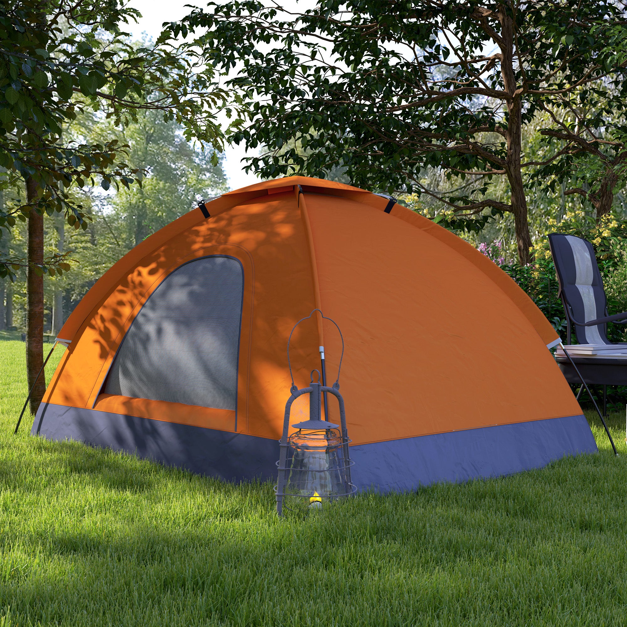 Outsunny 2 Person Camping Tent, Dome Tent with Zipped Doors, Storage Pocket, Portable Handy Bag, Orange - North Peak Garden Furniture