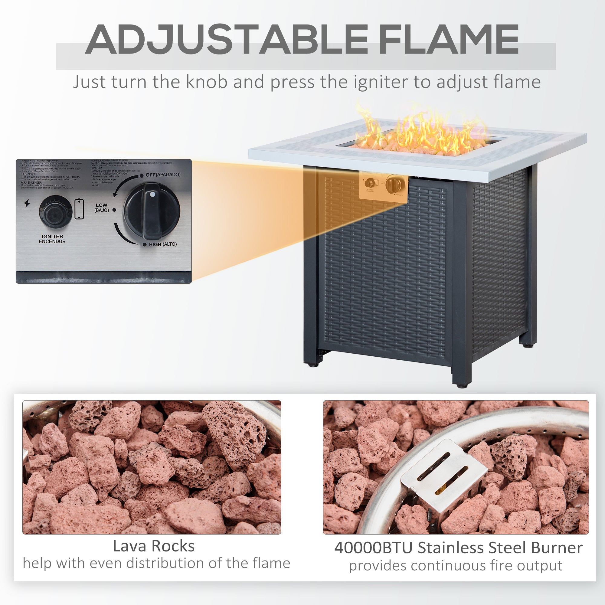 Outsunny Square Propane Gas Fire Pit Table, 40000 BTU Rattan Smokeless Firepit Patio Heater with Lava Rocks and Lid, 71cm x 71cm x 62cm, Black - North Peak Garden Furniture