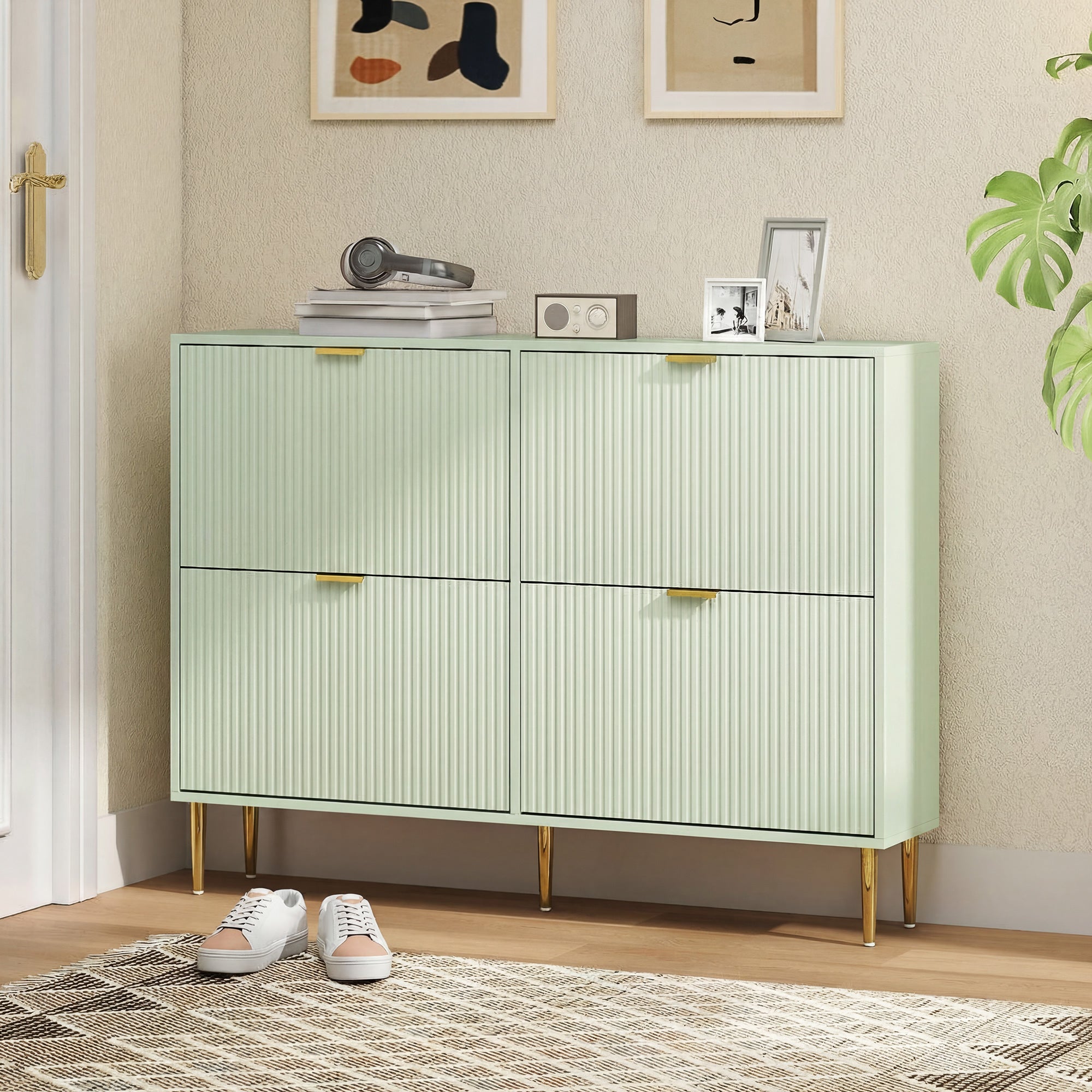 HOMCOM Elegant Four-Drawer Shoe Cabinet - Light Green