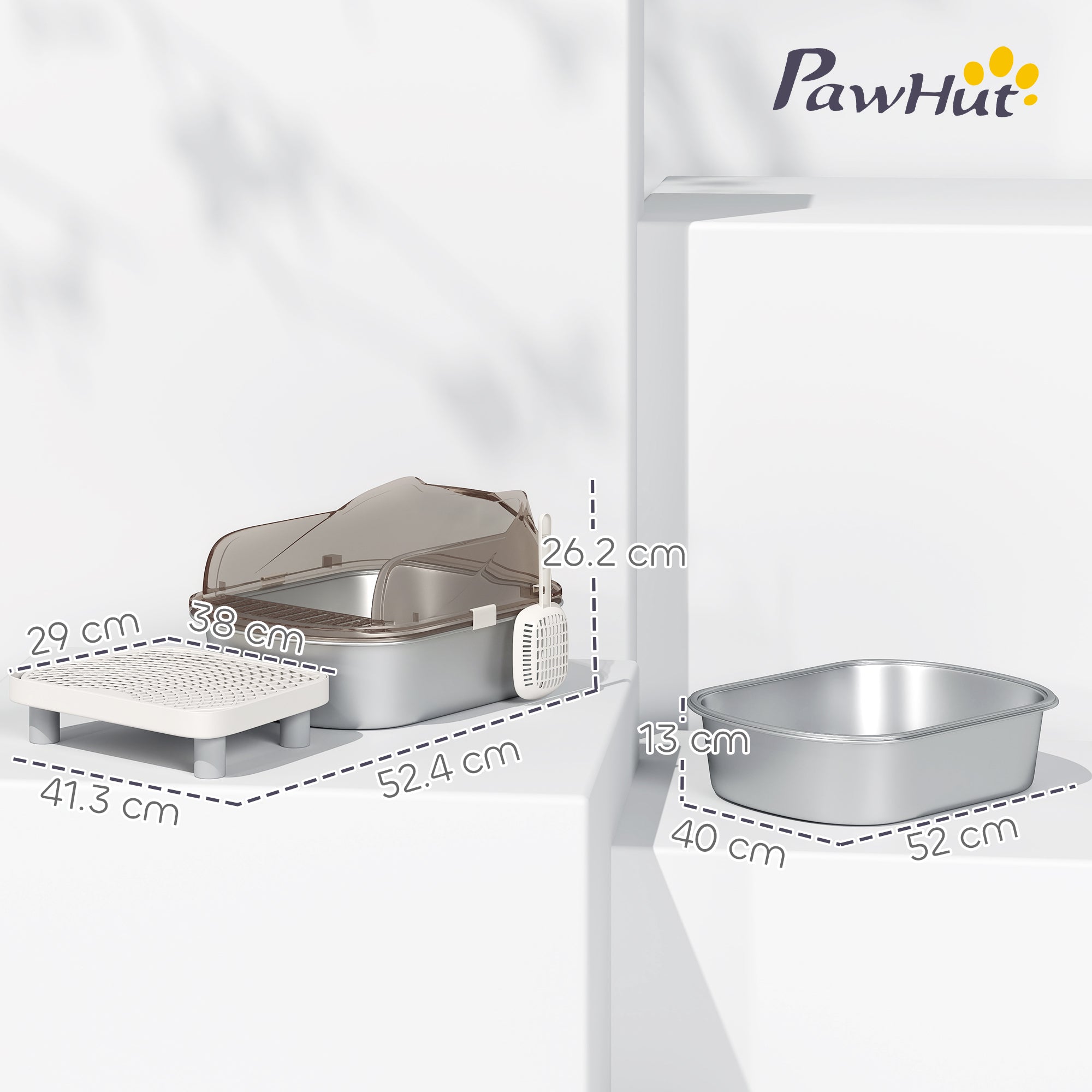 PawHut Stainless Steel Litter Box with Lid, High Wall Sided Enclosure, Pedal, Scoop, Non-Sticky, Anti-Leakage, Easy Cleaning - North Peak Garden Furniture