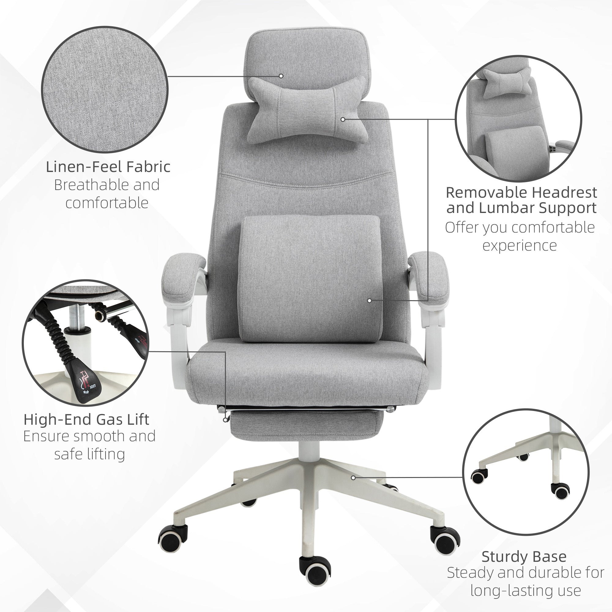 Vinsetto Office Chair, Ergonomic Desk Chair, High Back Fabric Work Chair with 160° Reclining Backrest, Retractable Footrest, Neck and Lumbar Pillow for Home and Study, Grey - North Peak Garden Furniture