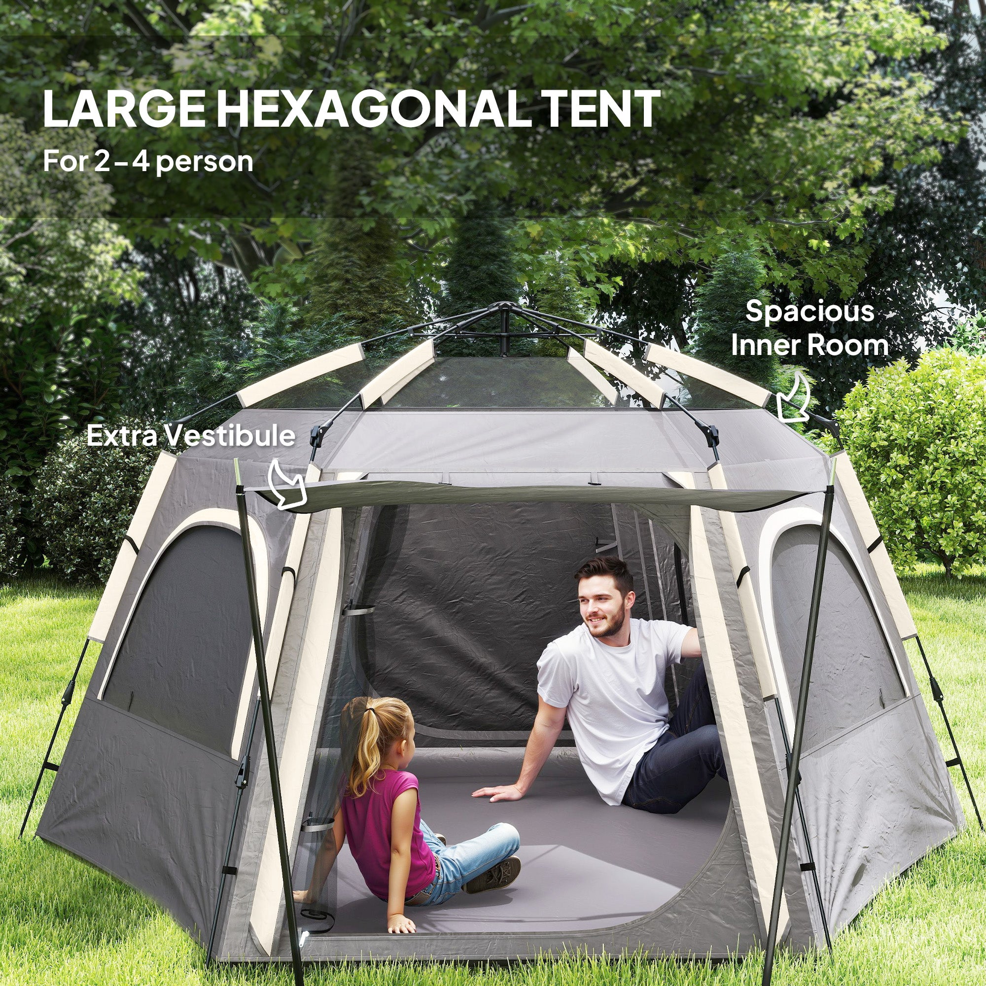 Outsunny Instant Camping Tent, 2/3/4 Person Easy Setup Family Tent with Vestibule, Rainfly, 4 Mesh Windows & 2 Doors, Hexagonal Design, Waterproof UV Protected Dome Tent, Dark Grey - North Peak Garden Furniture