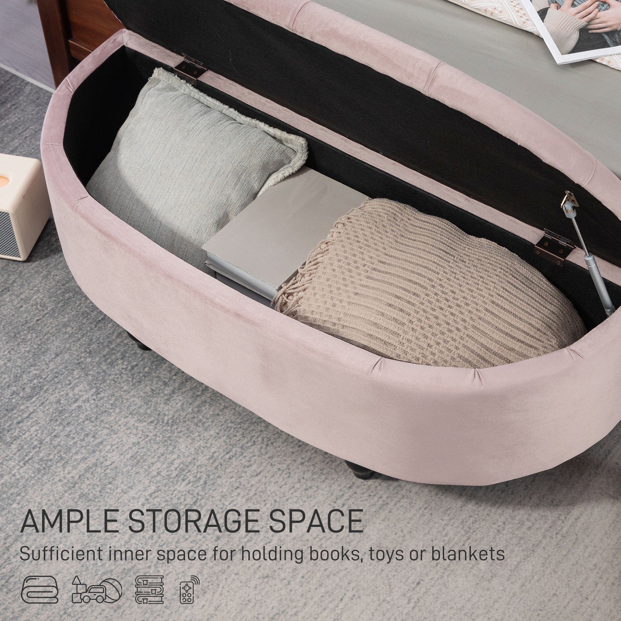 HOMCOM Semi-Circle Bed End Bench Ottoman with Storage Tufted Upholstered Accent Seat Footrest Stool with Rubberwood Legs for Bedroom & Entryway, Pink - North Peak Garden Furniture