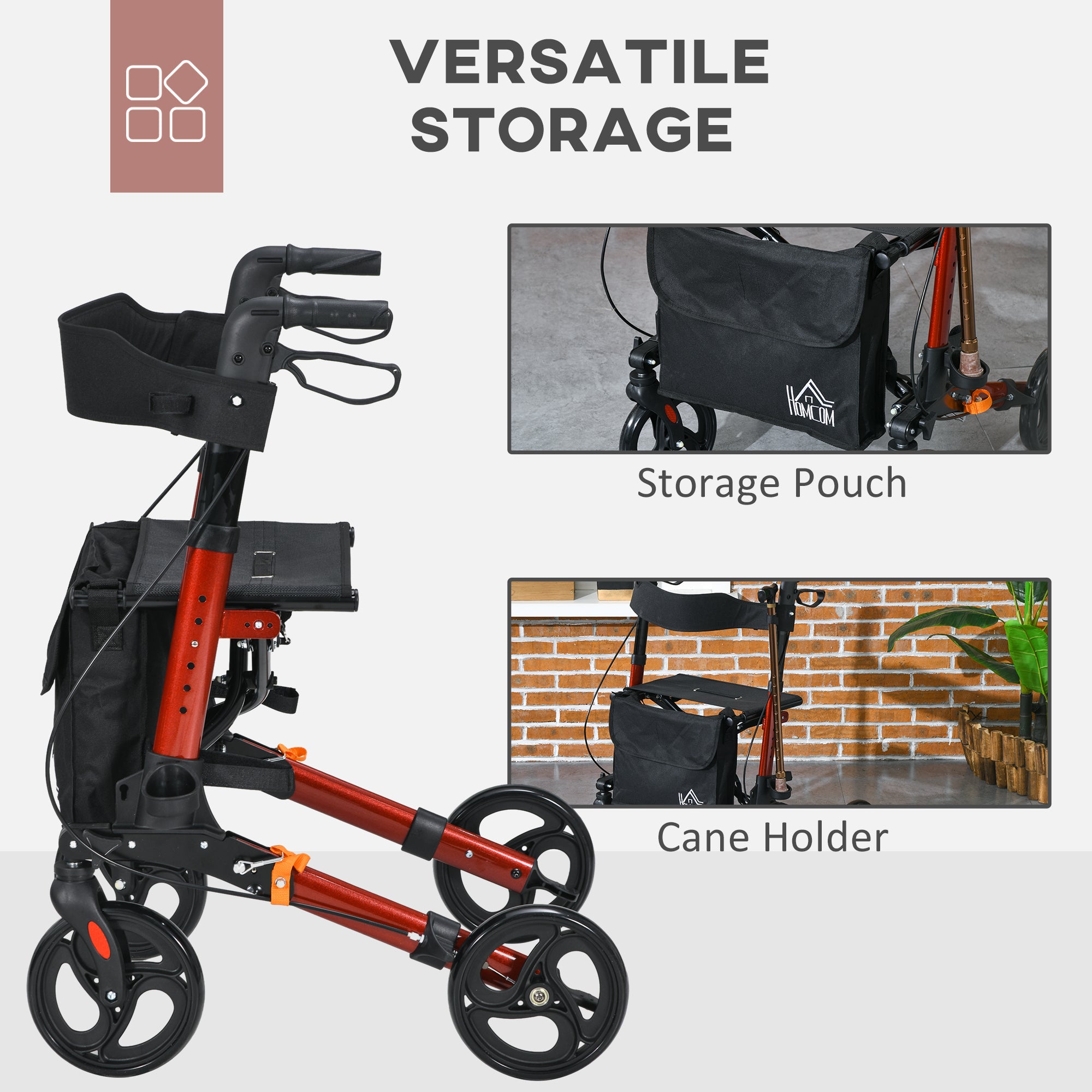 HOMCOM 4 Wheel Rollator with Seat and Back, Folding Mobility Walker with Carry Bag, Adjustable Height, Dual Brakes, Cane Holder, Lightweight Aluminium Walking Frame for Seniors and Disabled, Red - North Peak Garden Furniture