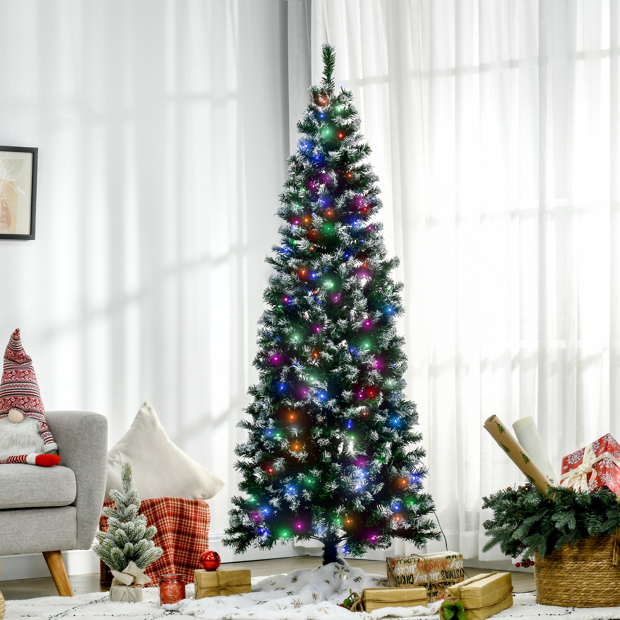 HOMCOM 6FT Tall Prelit Pencil Slim Artificial Christmas Tree with Realistic Branches, 300 Colourful LED Lights and 618 Tips, Xmas Decoration, Green - North Peak Garden Furniture