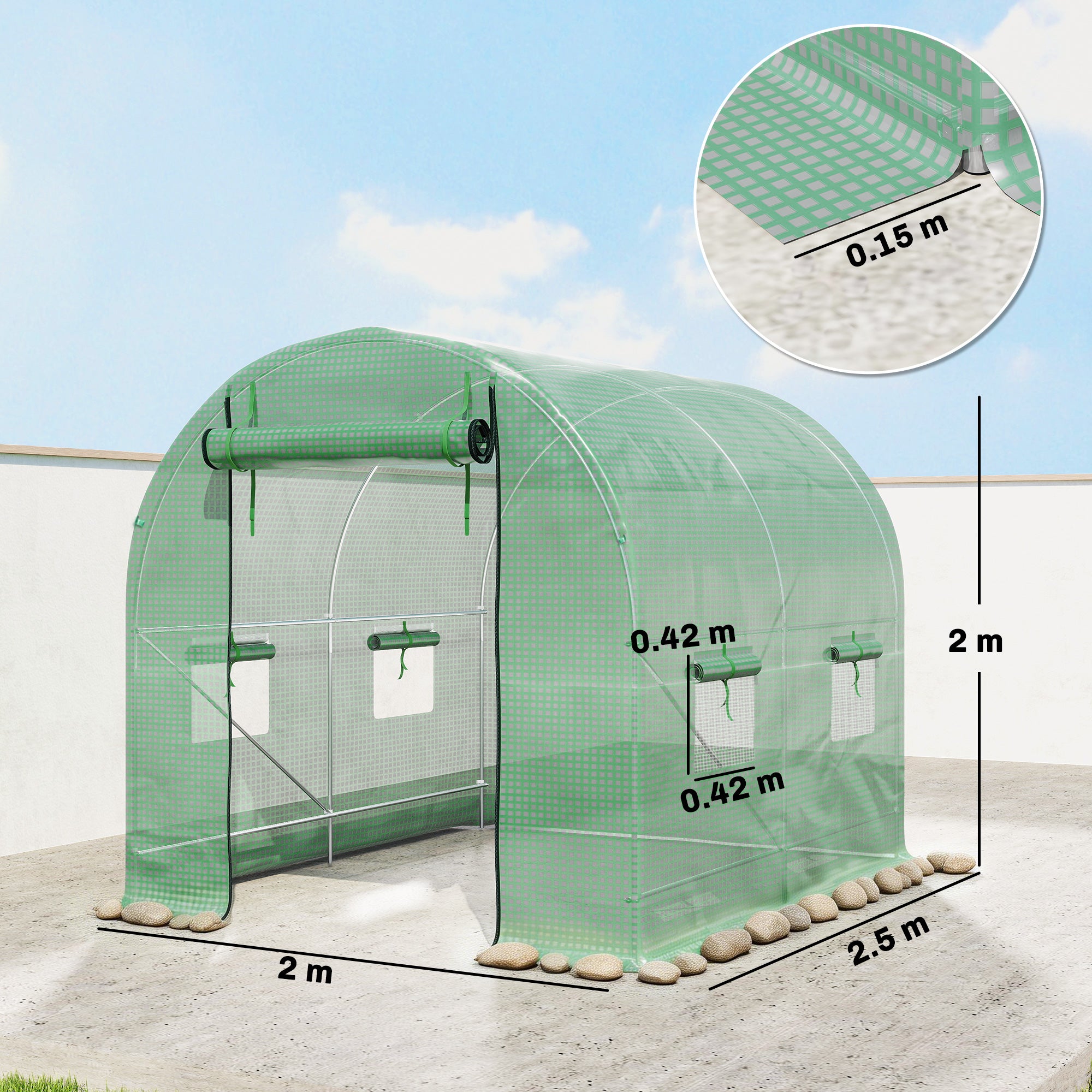 Outsunny Walk-In Garden Polytunnel Greenhouse with Steel Frame, PE Cover, Roll-Up Door and 4 Windows, 2.5 x 2m, Green