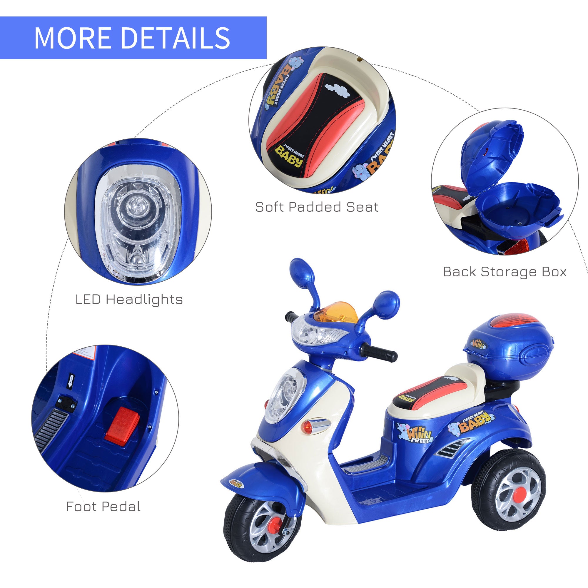 HOMCOM Kids Electric Ride On Toy Car 6V Electric Motorbike with Chargeable Battery Headlight and Music for 3-5 Years - Blue