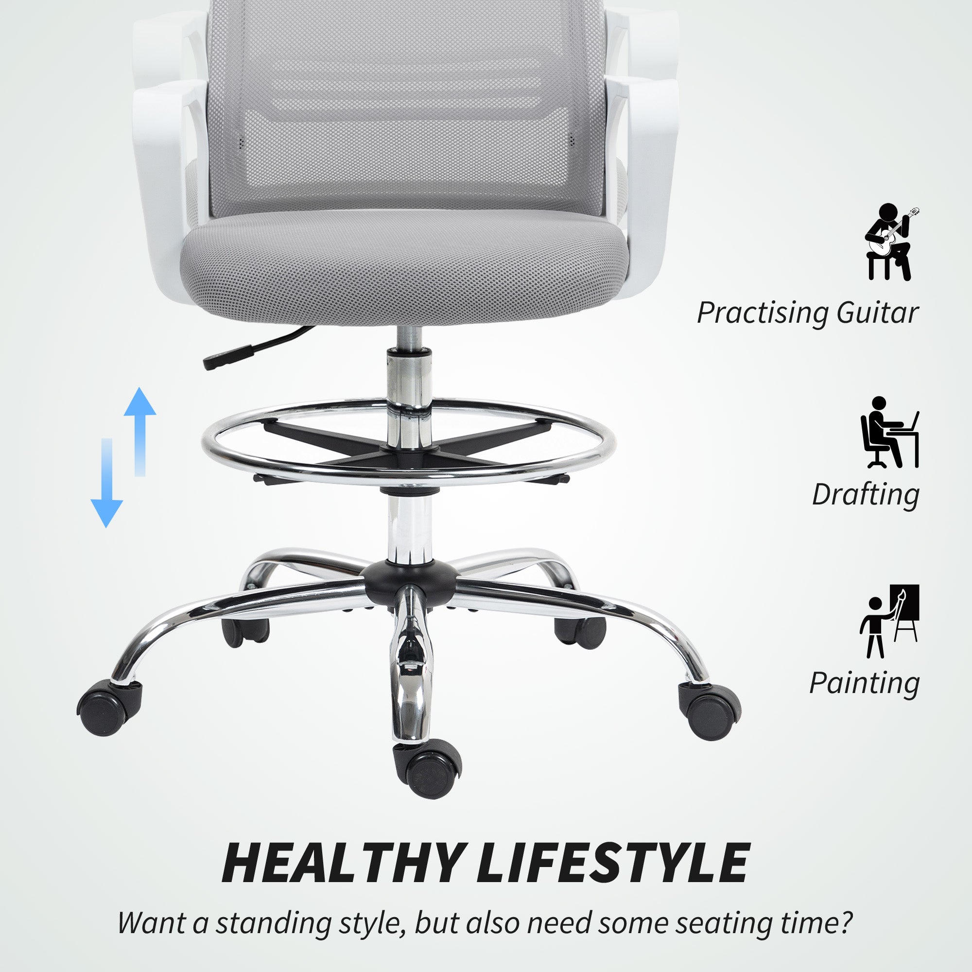 HOMCOM Draughtsman Chair, Mesh Drafting Chair, Ergonomic Office Chair with Lumbar Support, Adjustable Foot Ring, Grey - North Peak Garden Furniture