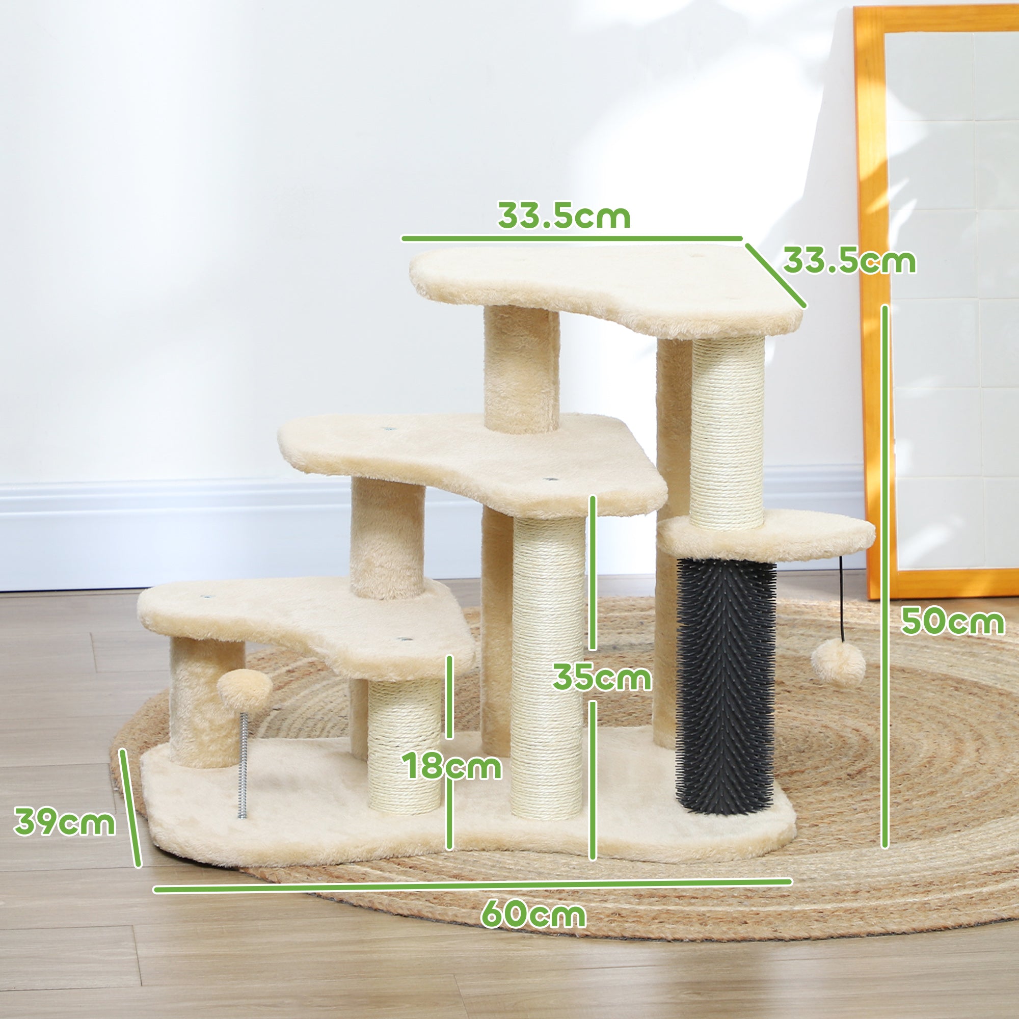 PawHut 2-in-1 Cat Tree, Pet Stairs with Scratching Tickling Post, Toy Balls, for Bed, Sofa, Couch, Beige