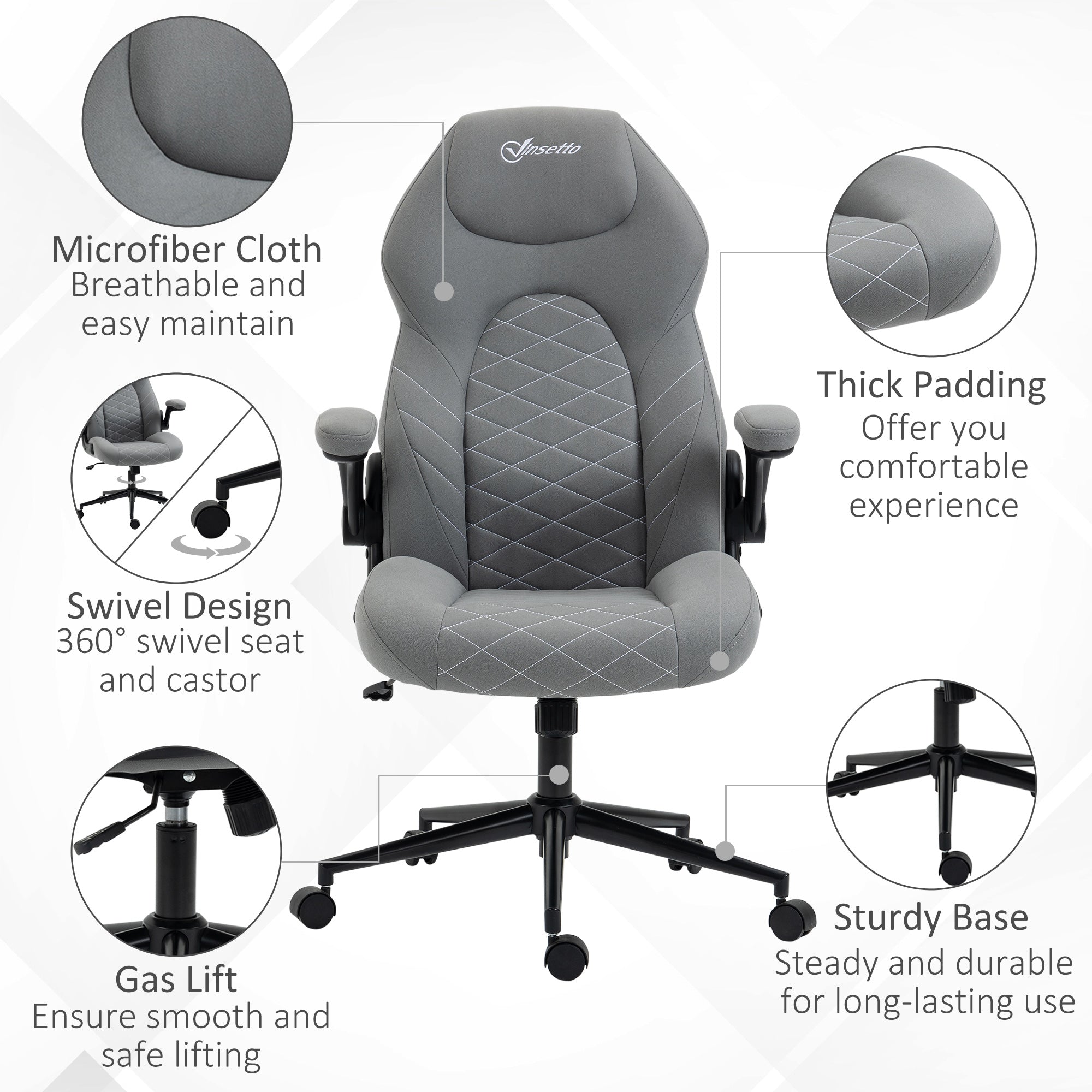 Vinsetto Home Office Desk Chair, Computer Chair with Flip Up Armrests, Swivel Seat and Tilt Function, Light Grey - North Peak Garden Furniture