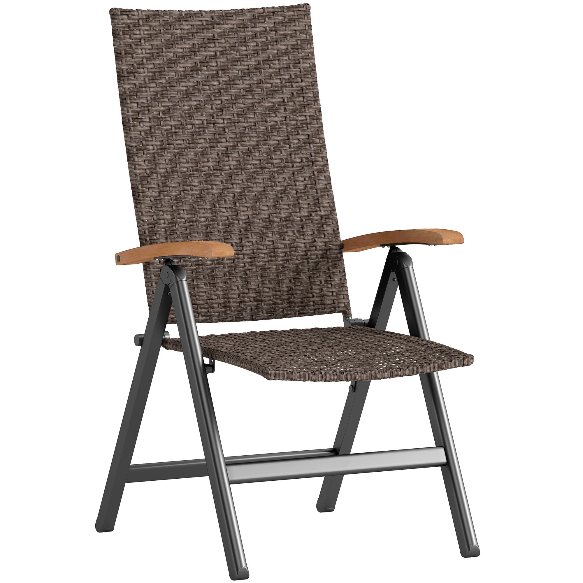 Outsunny Outdoor Folding Rattan Chair with Armrests, High Backrest, for Garden, Camping, Balcony, Porch - Brown - North Peak Garden Furniture