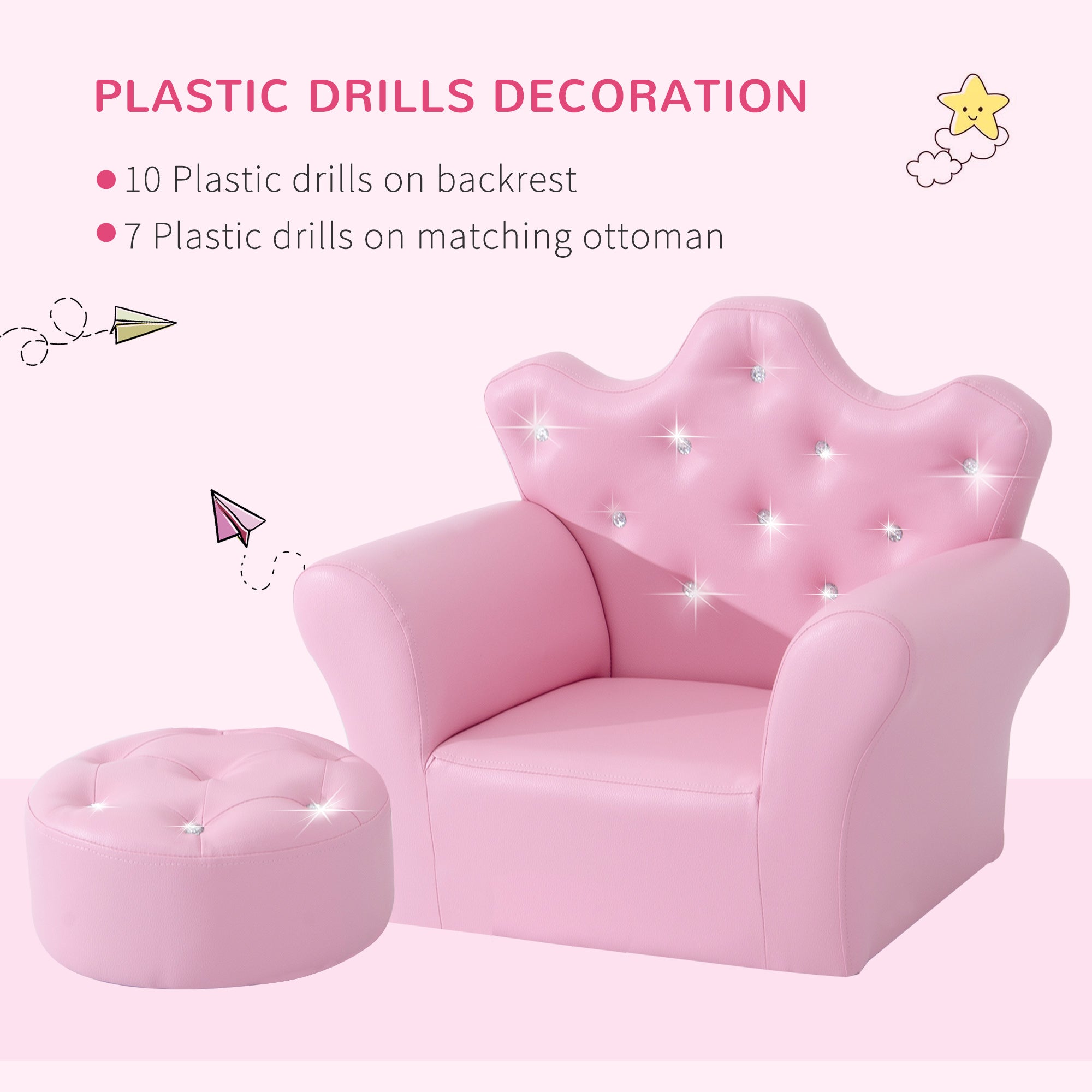 HOMCOM Children Kids Sofa Set Armchair Chair Seat with Free Footstool PU Leather for Girls 58L x 40.5W x 49H cm Pink - North Peak Garden Furniture