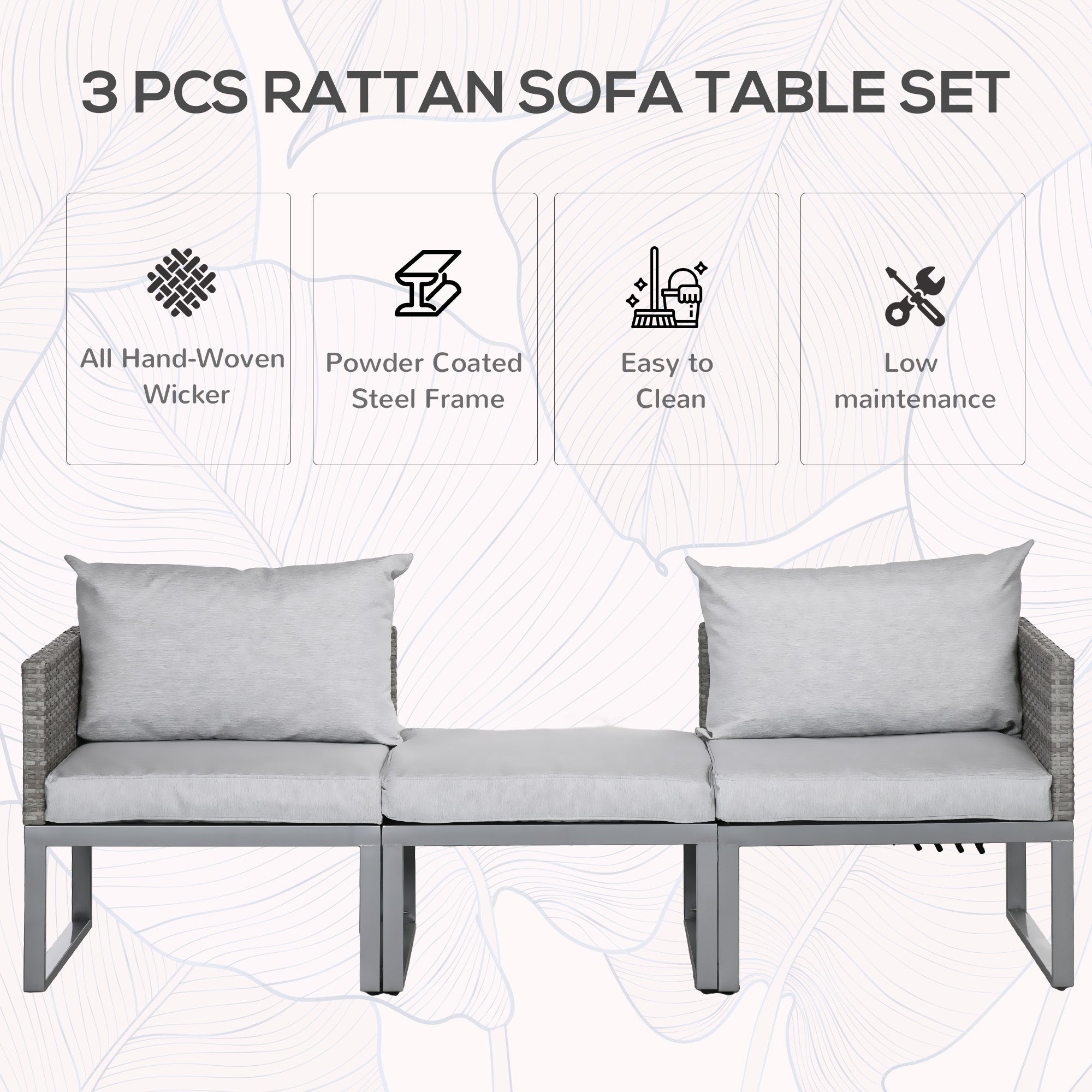 Outsunny 3-in-1 Rattan Bistro Set, Wicker Garden Furniture Set with 2-level Rising Table, Adjustable 3-seater Sofa Lounger with Washable Cushions for Outdoor, Patio, Balcony, Grey - North Peak Garden Furniture