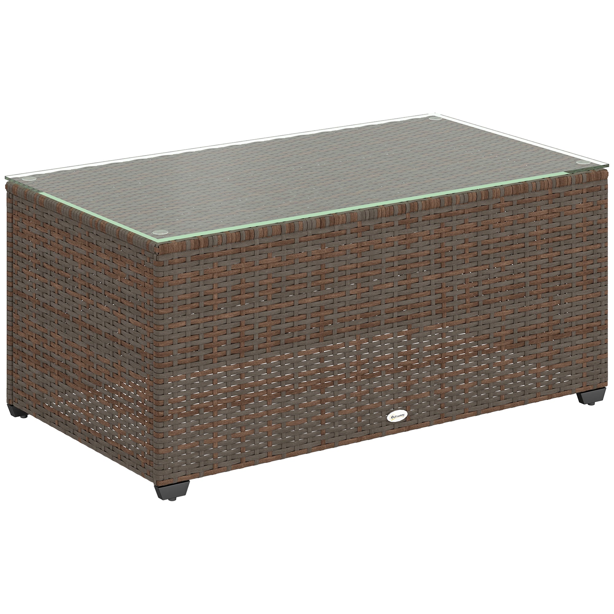 Outsunny 90 x 50cm Glass-Top Rattan Side Table - Brown - North Peak Garden Furniture