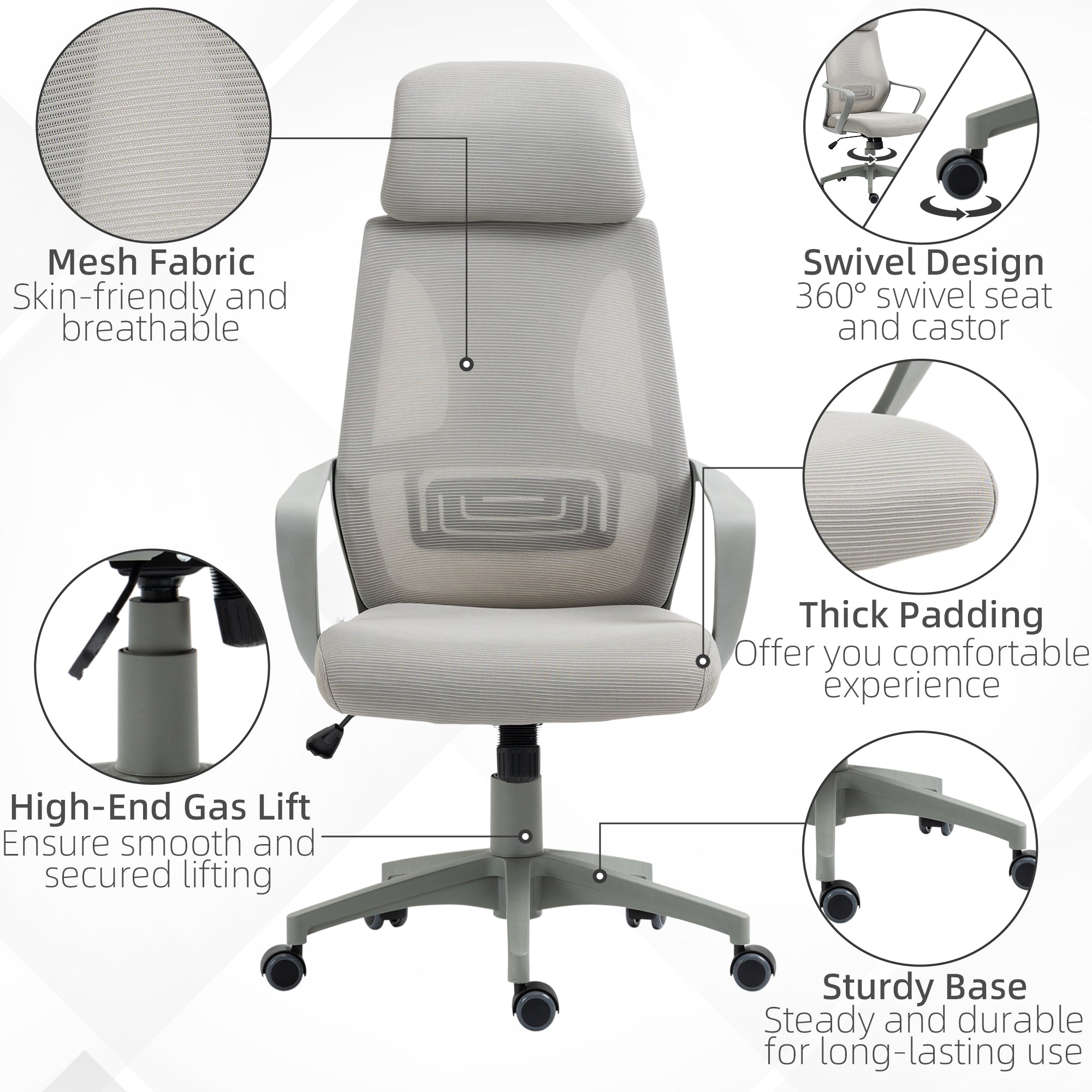 Vinsetto Ergonomic Office Chair, High Back Computer Chair, Mesh Desk Chair with Lumbar Support, Headrest, Wheel, Adjustable Height, Grey - North Peak Garden Furniture