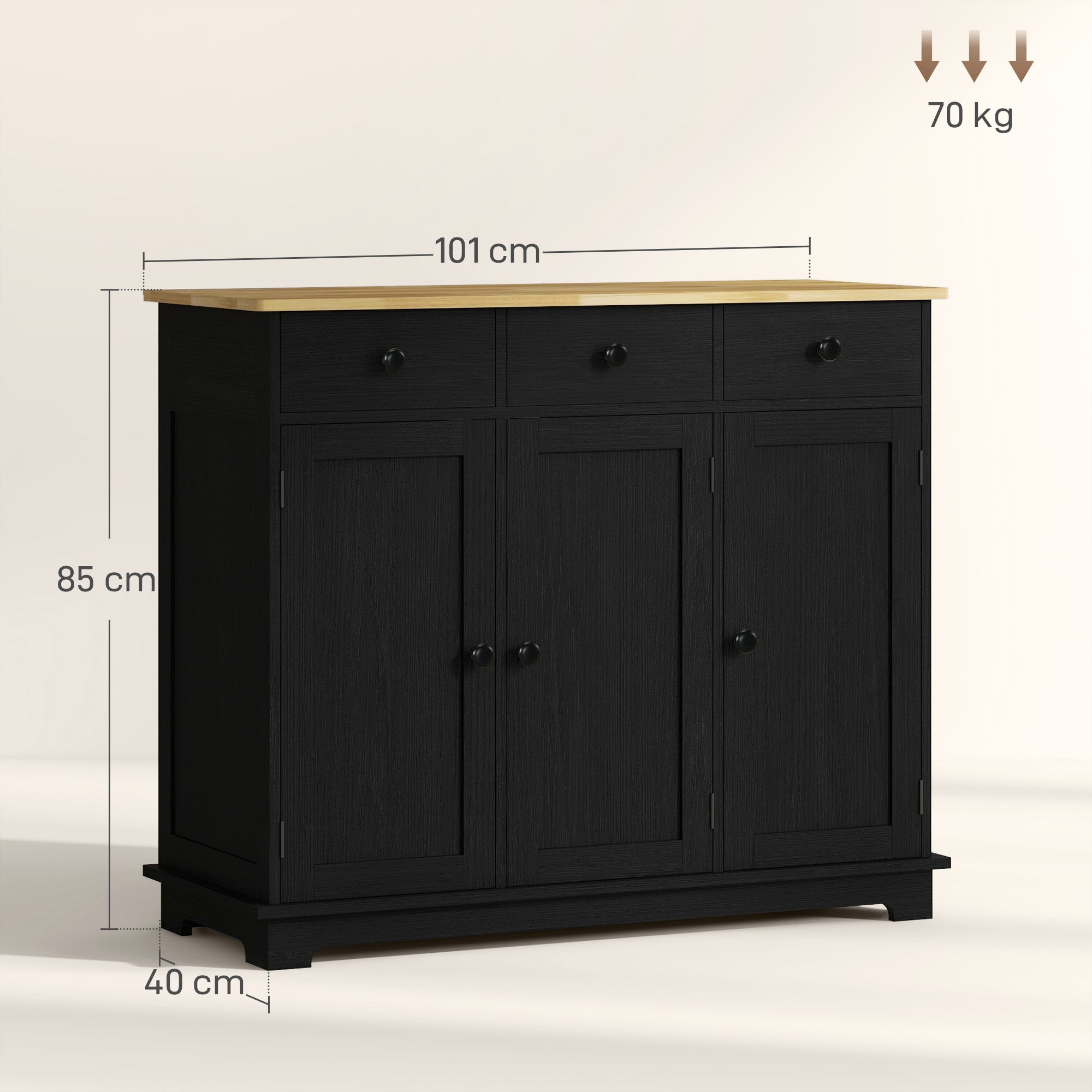 HOMCOM Sideboard with Rubberwood Top and Adjustable Shelves for Dining Room, Kitchen - Black Wood-Effect - North Peak Garden Furniture