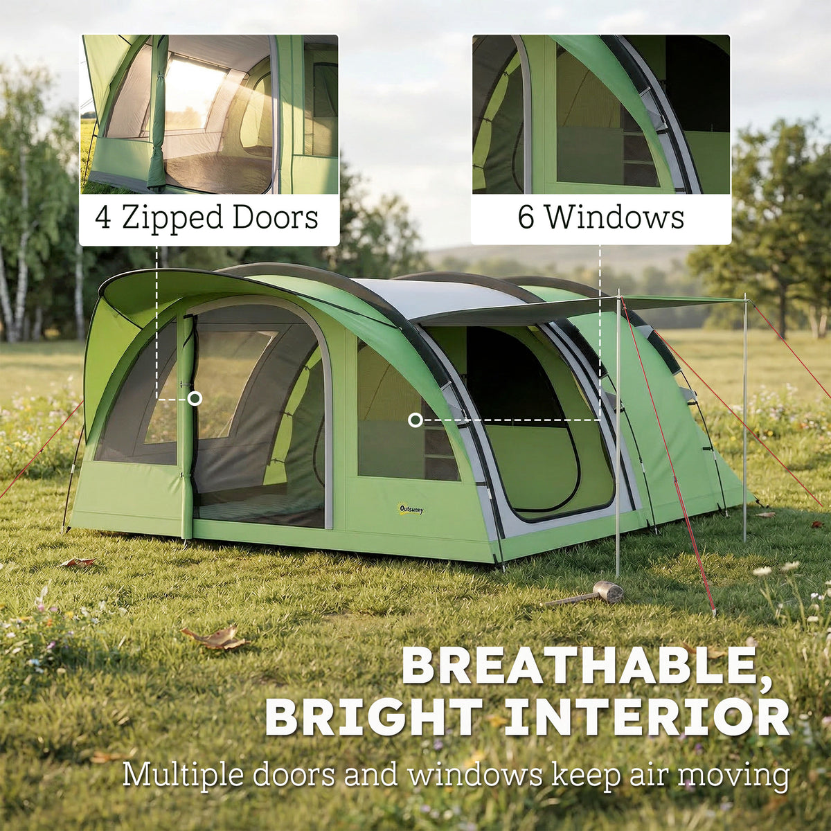 Outsunny 4 Person Easy Setup Family Camping Tent with 2 Rooms, Waterproof Tunnel Tent w/ Sewn In Groundsheet, Green & Grey