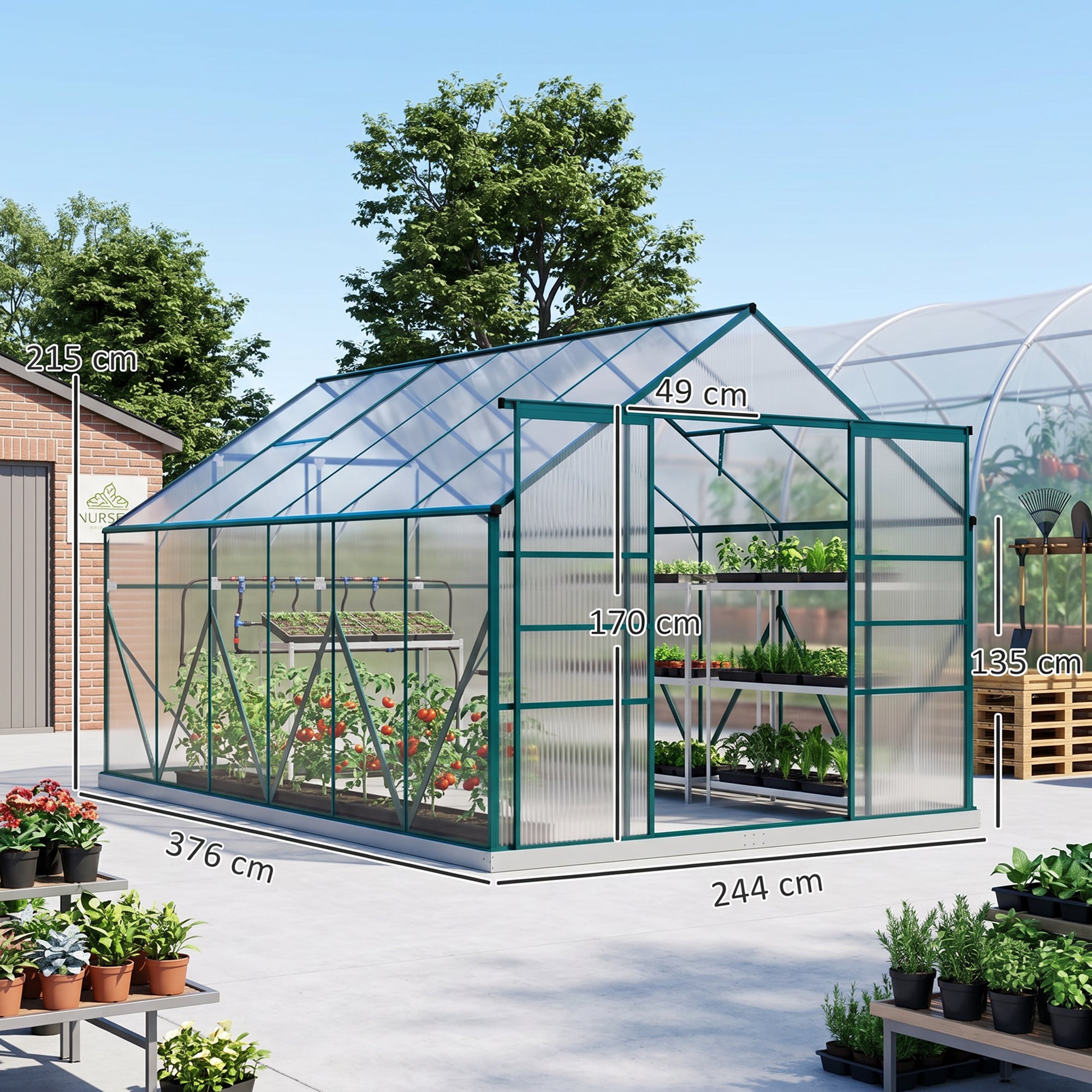 Outsunny 8 x 12ft Aluminium Greenhouse Polycarbonate Walk-in Garden Greenhouse Kit with Adjustable Roof Vent, Double Sliding Door, Rain Gutter and Foundation, Clear
