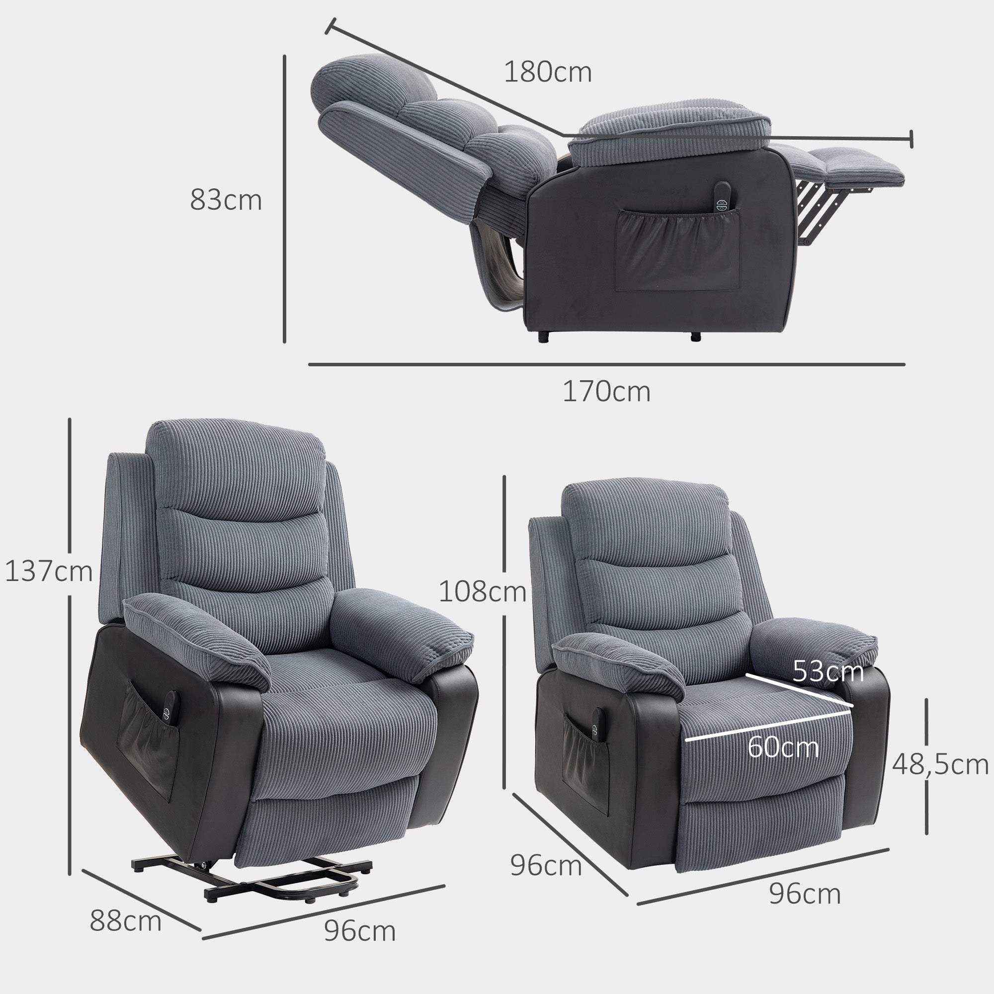 HOMCOM Power Lift Recliner Chair for Elderly, Patchwork Design Oversized Electric Riser and Recliner Armchair for Living Room with Remote Control and 2 Side Pockets, Dark Grey - North Peak Garden Furniture