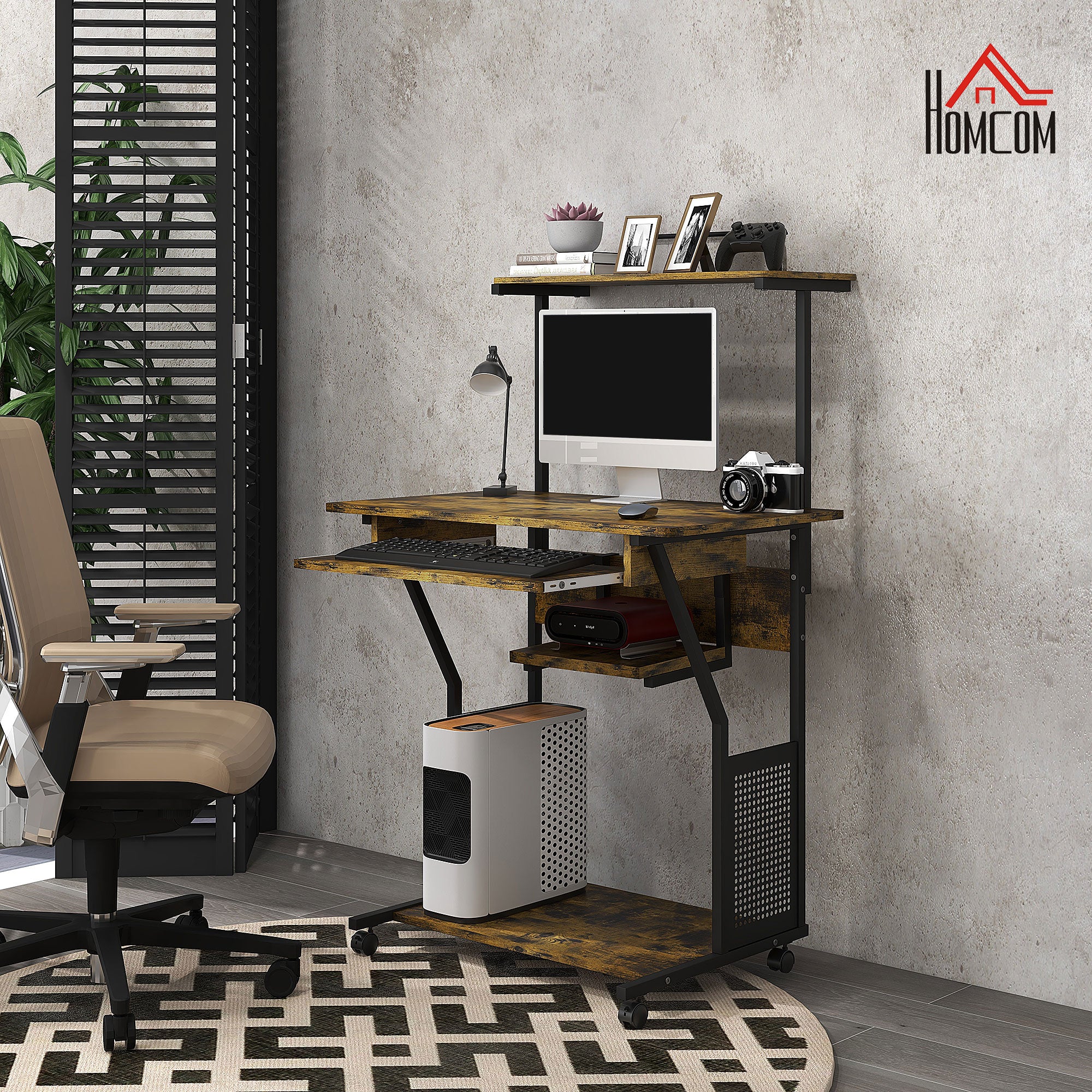 HOMCOM Multi-Storage Work Desk, with Sliding Keyboard Tray - Brown/Black - North Peak Garden Furniture