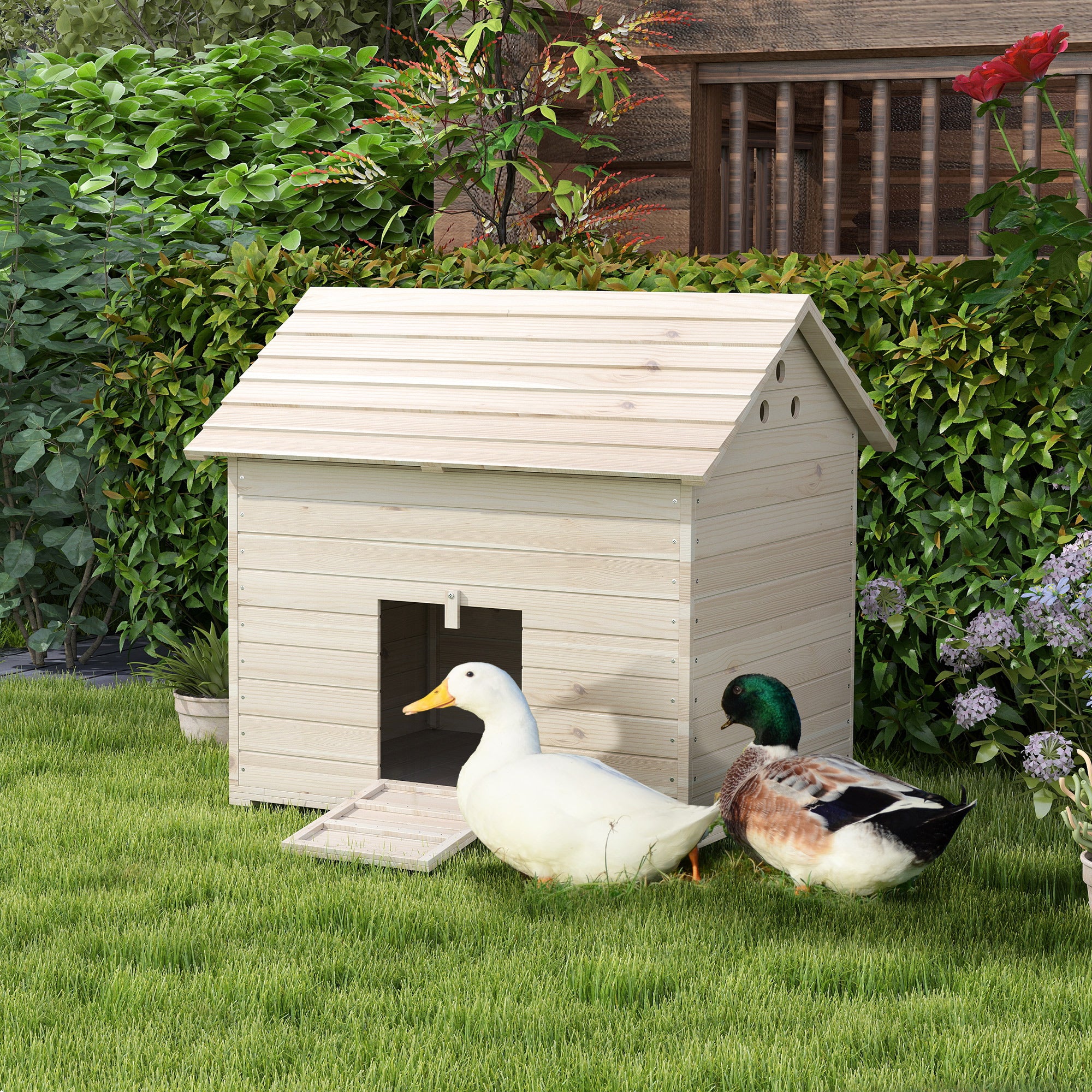 PawHut Wooden Duck House Poultry Coop for 2-4 Ducks with Openable Roof Raised Feet Air Holes Natural - North Peak Garden Furniture