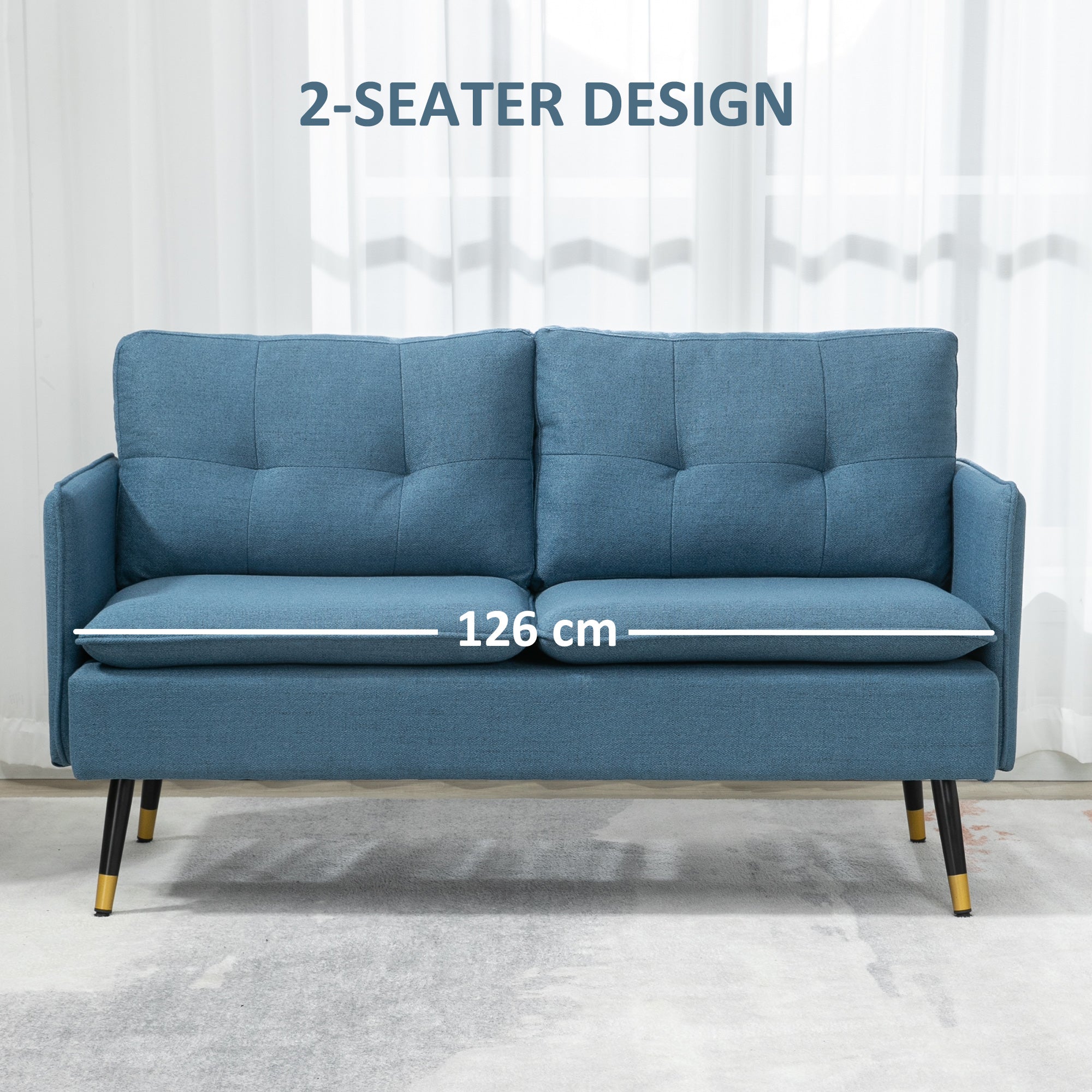 HOMCOM Modern Two Seater Sofa, Button Tufted Loveseat with Cushions and Steel Legs for Living Room, Guest Room, Dark Blue - North Peak Garden Furniture