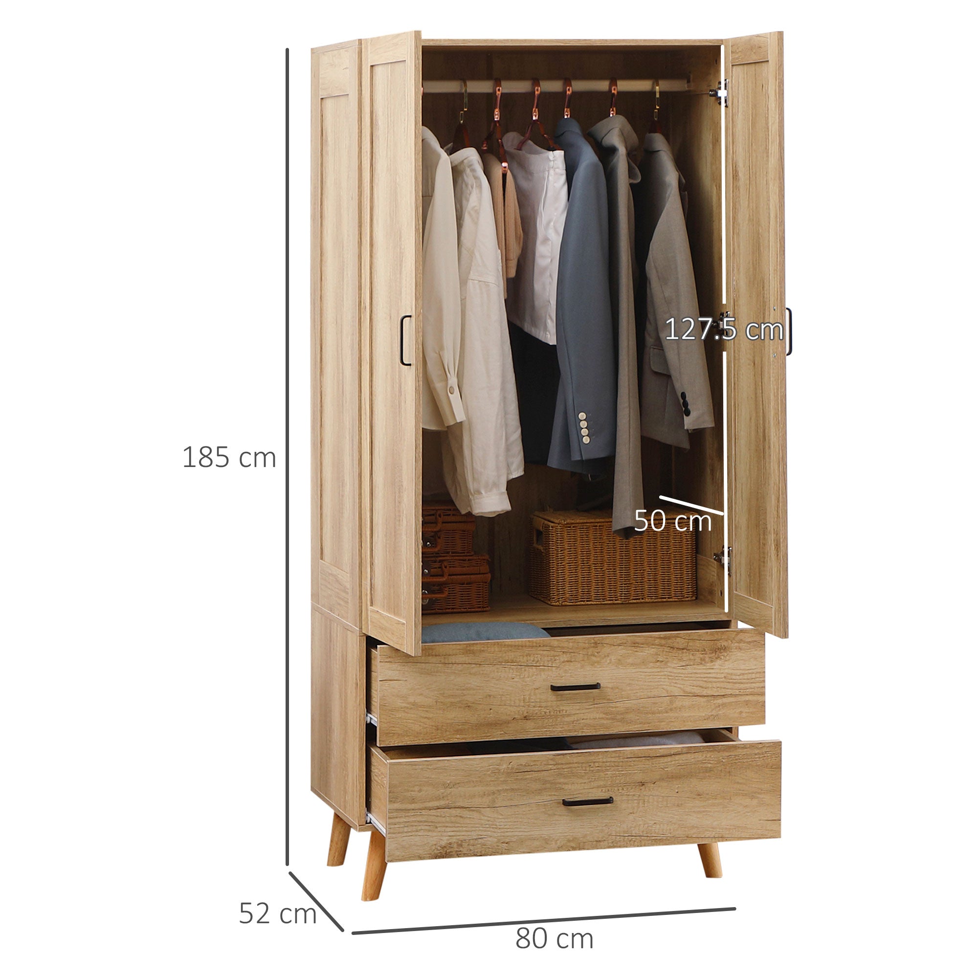 HOMCOM 2 Door Wardrobe, Modern Wardrobe with 2 Drawer and Hanging Rail for Bedroom, Natural - North Peak Garden Furniture