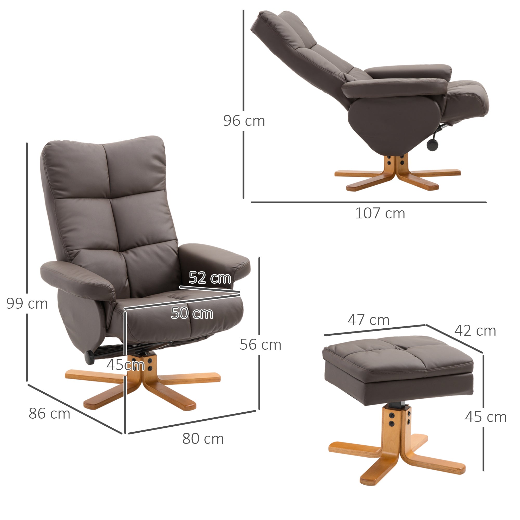 HOMCOM Recliner Armchair, Swivel Reclining Chair With Ottoman, Swivel Faux Leather Chair with Wooden Base and Storage Footstool for Living Room, Brown - North Peak Garden Furniture