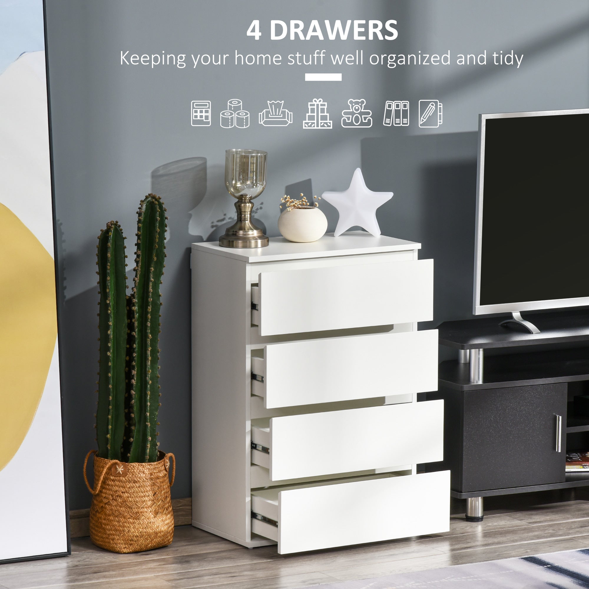 HOMCOM Chest of Drawers: 4-Drawer Storage Cabinet, White Tower Cupboard for Bedroom & Living Room