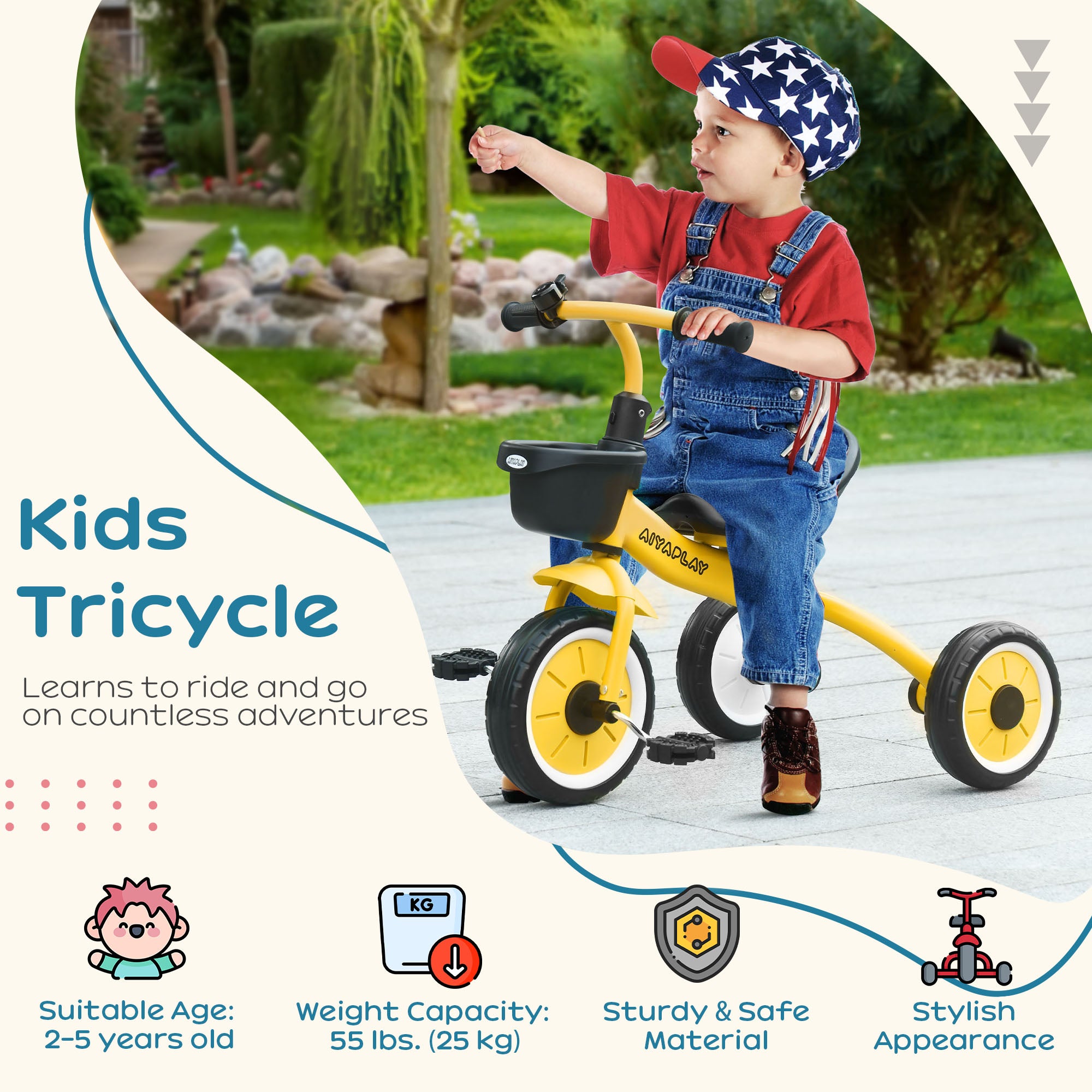 AIYAPLAY Kids Trike, Tricycle, with Adjustable Seat, Basket, Bell, for Ages 2-5 Years - Yellow - North Peak Garden Furniture