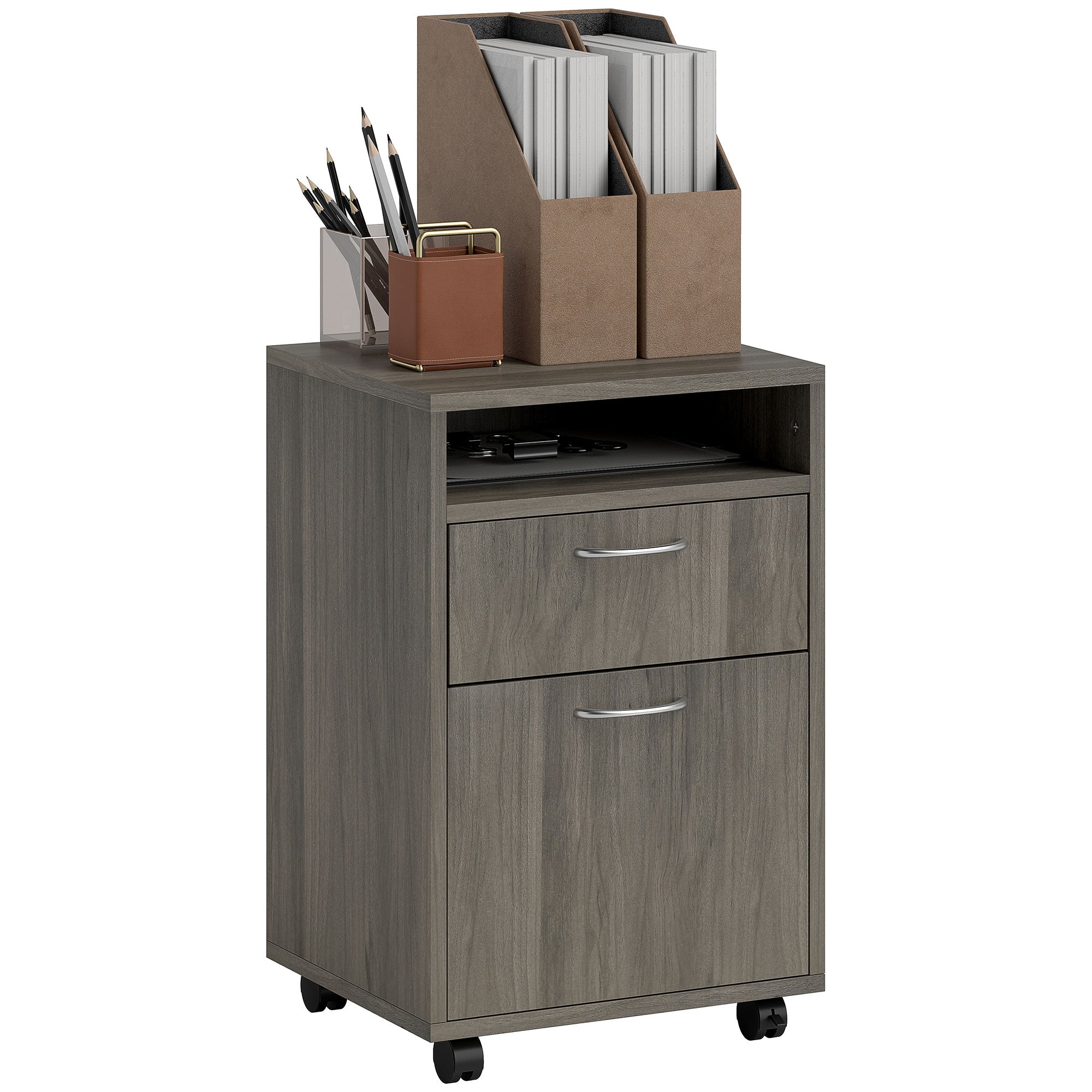 HOMCOM 60cm Filing Cabinet with Drawer, Open Shelf, Metal Handles and 4 Wheels, Office Home Organiser Mobile Printer, Grey - North Peak Garden Furniture