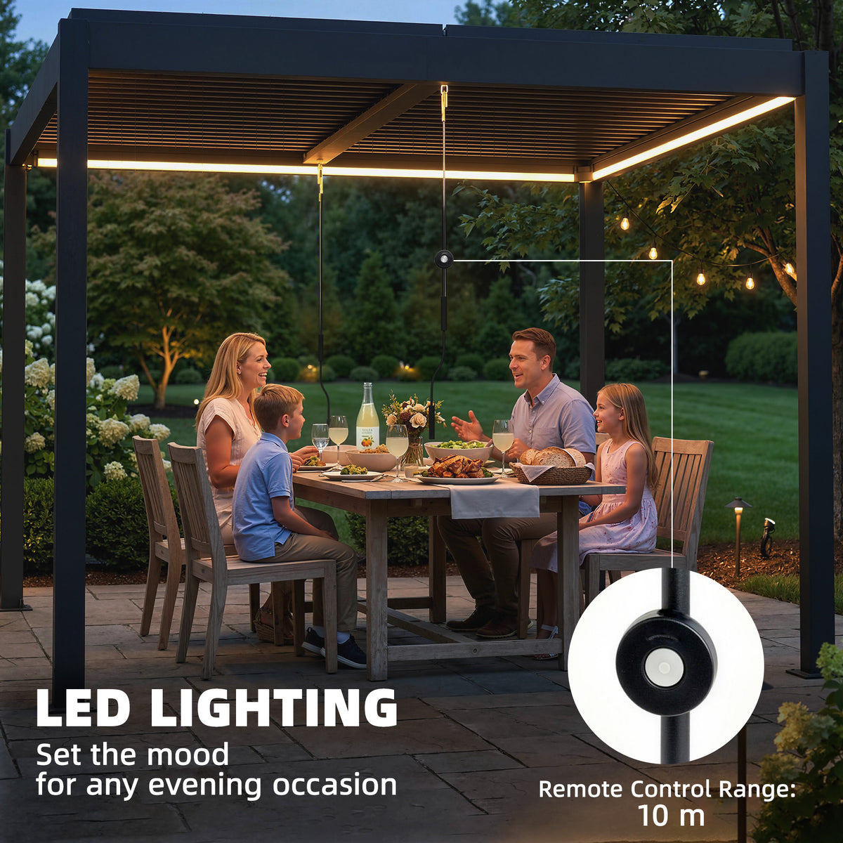 Outsunny 3 x 3 m Louvered Pergola with LED Lights, Metal Louvres, Aluminium Patio Gazebo Pergola, Dark Grey