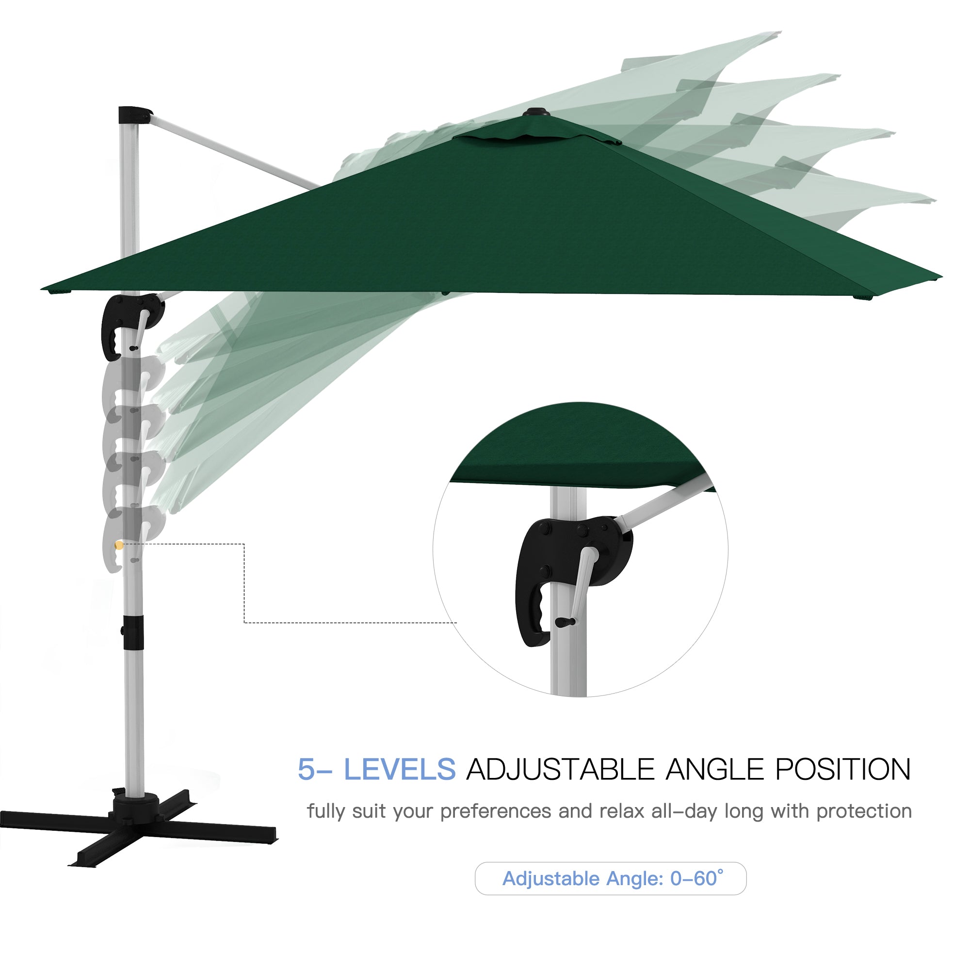 Outsunny Square Cantilever Garden Parasol, with Five-Position Canopy - Green - North Peak Garden Furniture