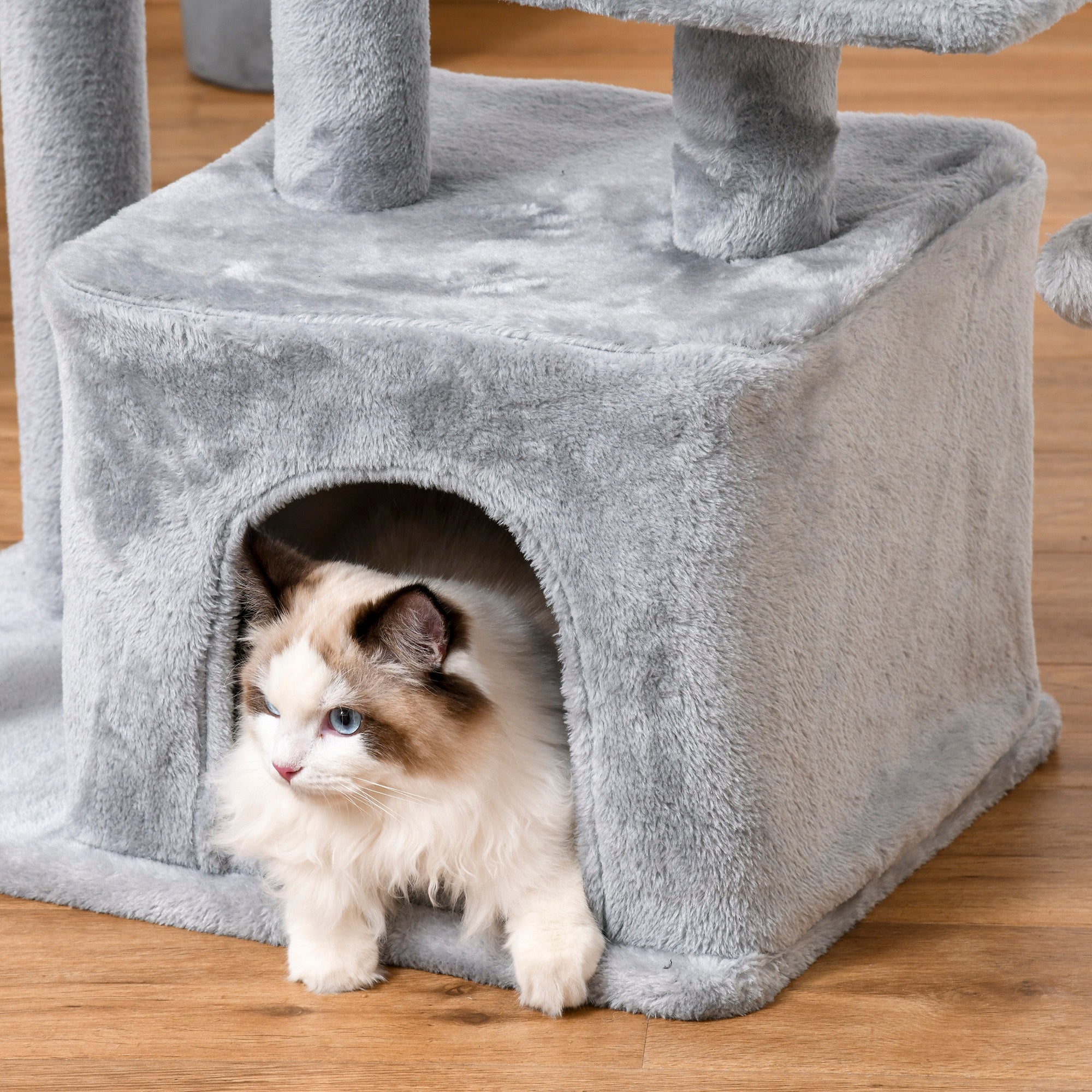 PawHut Feline Fun Tower: 114cm Tall Activity Centre with Scratching Posts, Perch, Dangling Ball & Condo, Light Grey