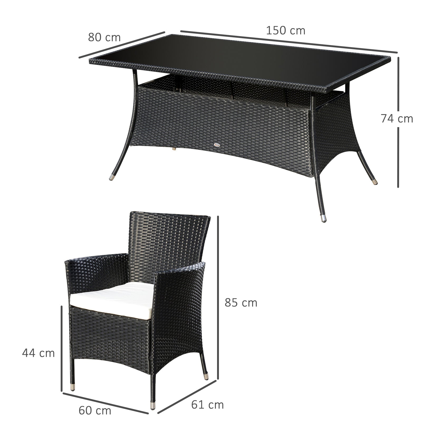 Outsunny 6 Seater Rattan Dining Set with Cushions, Rattan Garden Furniture Set with 6 Armchairs, Rectangular Glass Top Table, Outdoor Dining Table and Chairs, Black - North Peak Garden Furniture