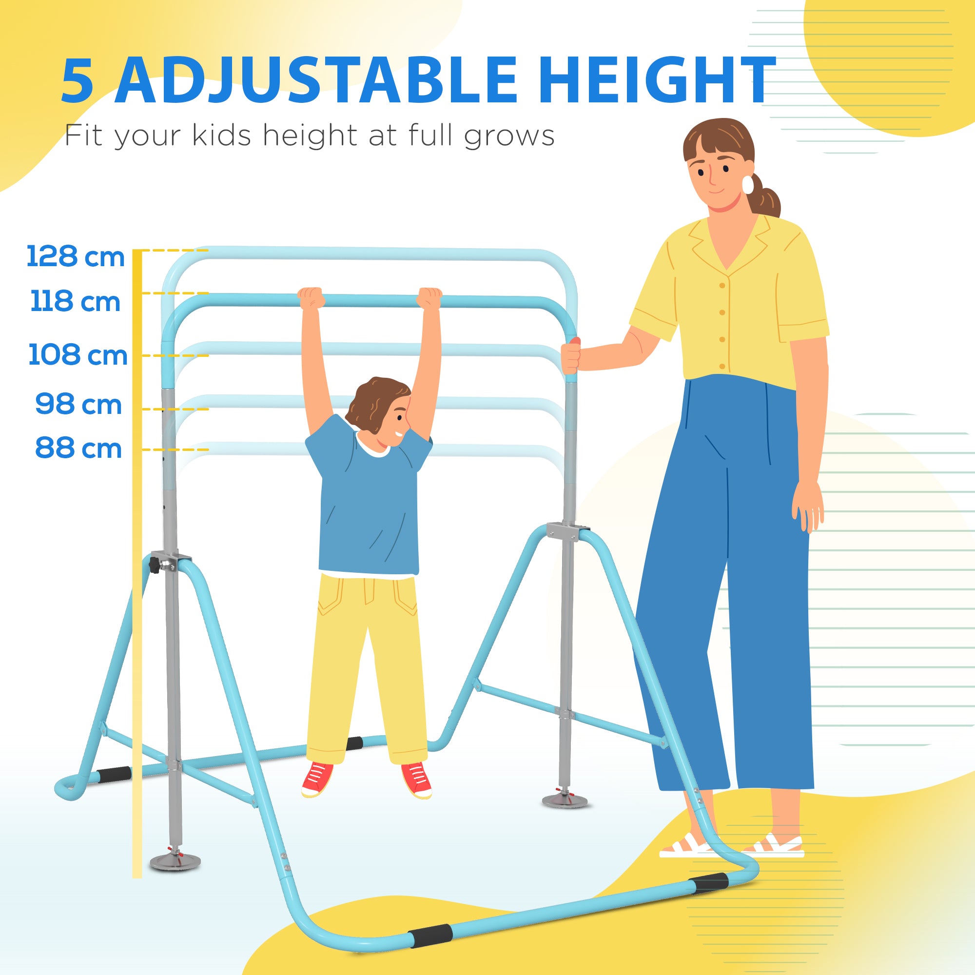 HOMCOM Kids Gymnastic Bar, with Adjustable Height, Foldable Horizontal Bars - Light Blue